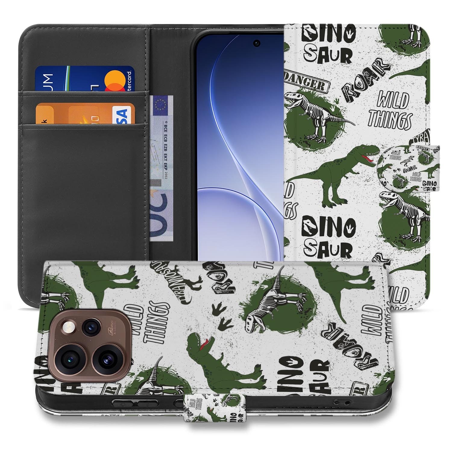 Portemonnee hoesje OPPO Reno15 Pro Dinosaurus zijaanzicht met magneetsluiting