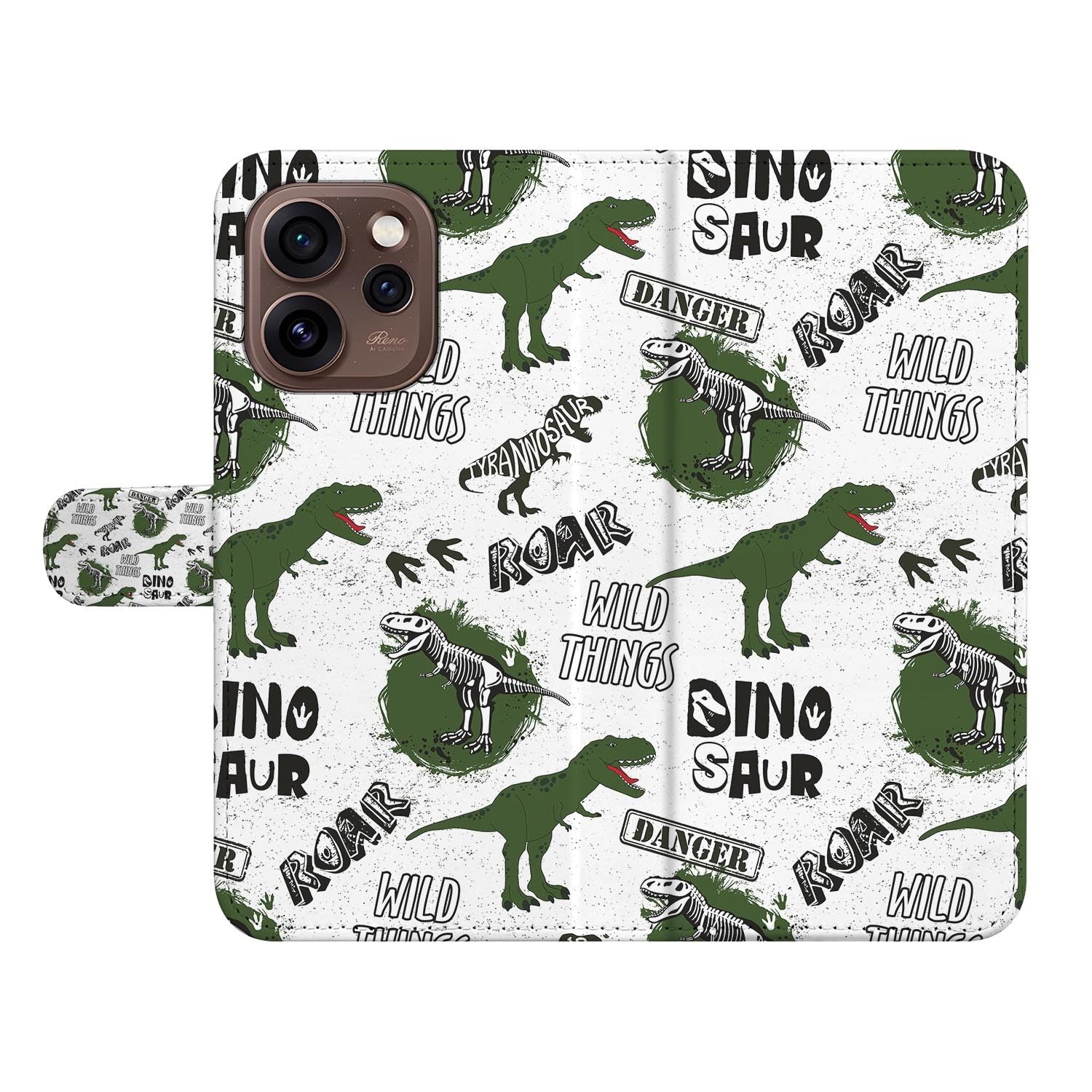 Portemonnee hoesje OPPO Reno15 Pro Dinosaurus schuin aanzicht van de klep