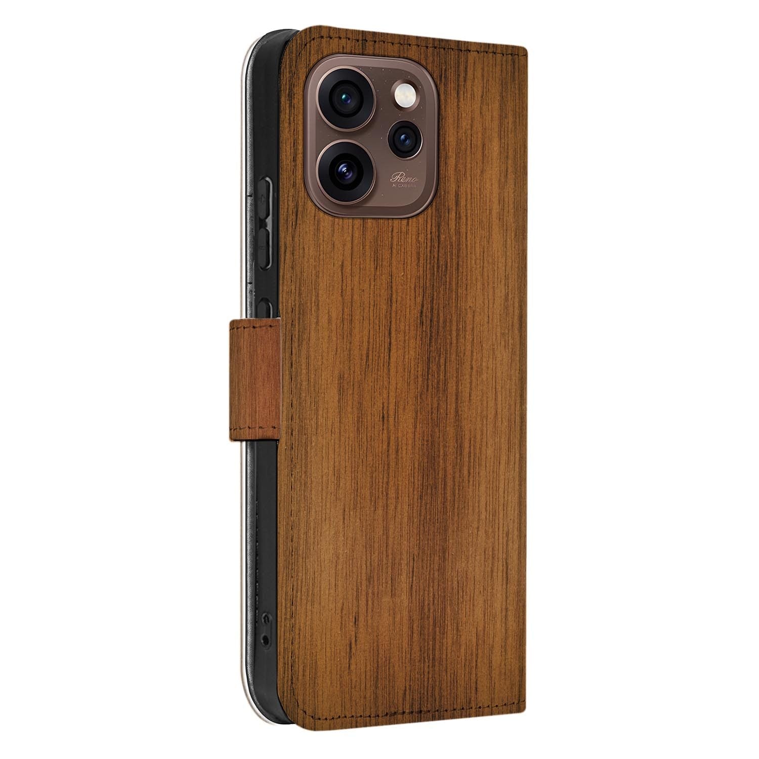 Portemonnee hoesje OPPO Reno15 Pro Donker Hout met gesloten klep, vooraanzicht
