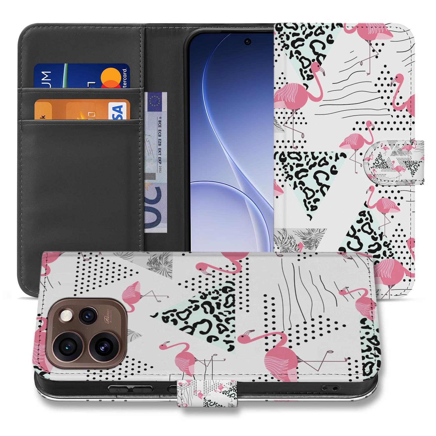 Hoesje met pasjeshouder OPPO Reno15 Pro Flamingo Triangle opengeklapt met pasjesvakken zichtbaar
