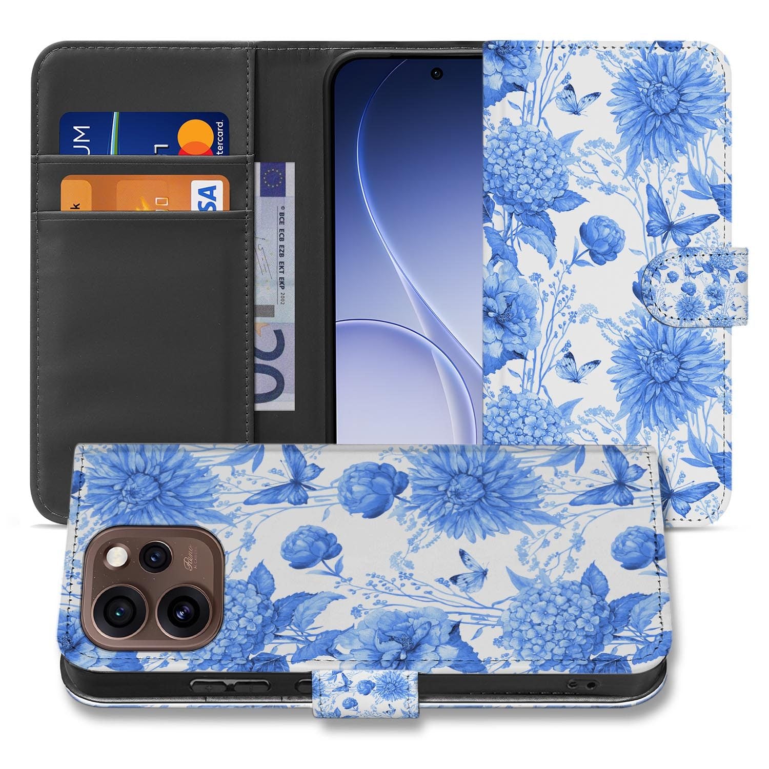 Book case hoesje OPPO Reno15 Pro Flowers Blue detail van het geprinte ontwerp