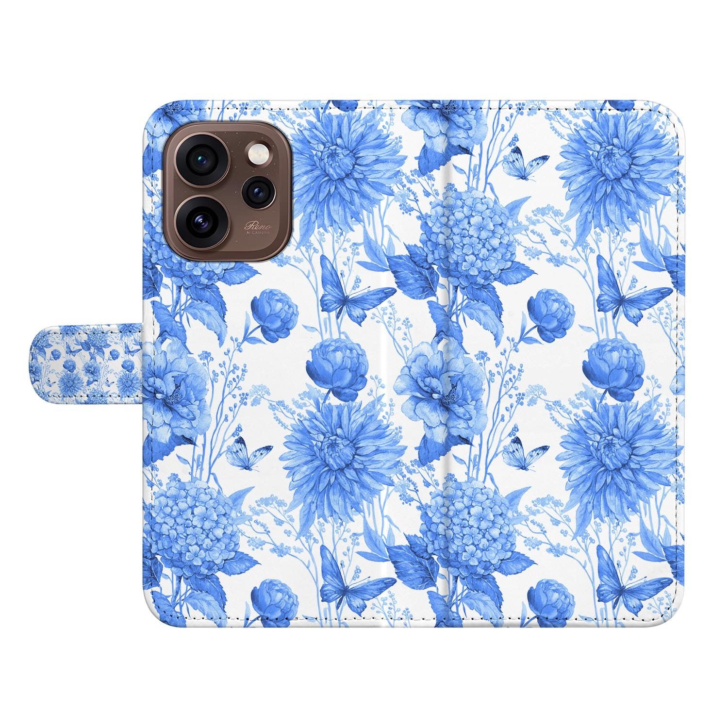 Book case hoesje OPPO Reno15 Pro Flowers Blue liggend met design in beeld