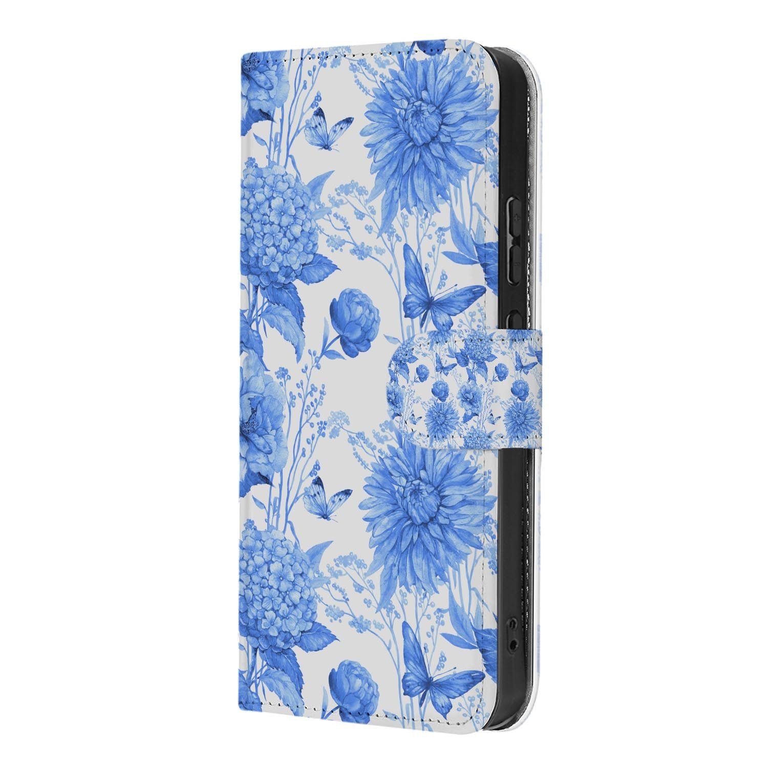 Book case hoesje OPPO Reno15 Pro Flowers Blue zijaanzicht met magneetsluiting