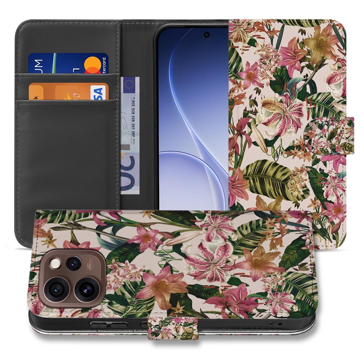 Book case hoesje OPPO Reno15 Pro Flowers Blue binnenzijde met telefoonhouder