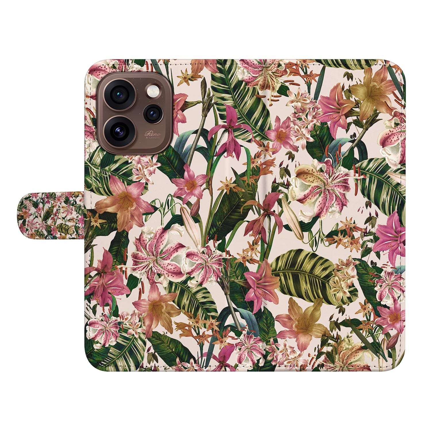 Book case hoesje OPPO Reno15 Pro Flowers Blue staand vooraanzicht van het design