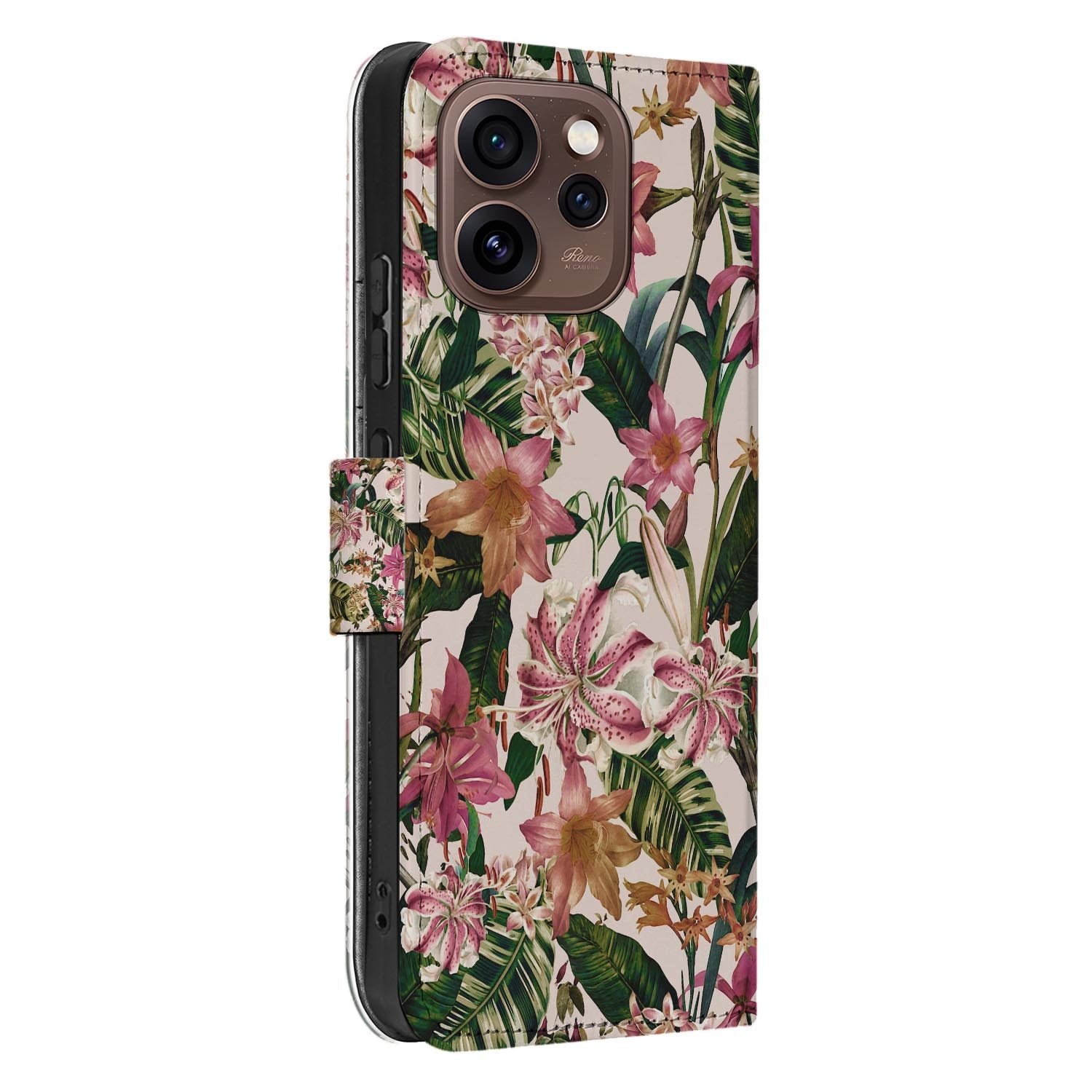 Bookcase hoesje OPPO Reno15 Pro Flowers schuin aanzicht van de klep