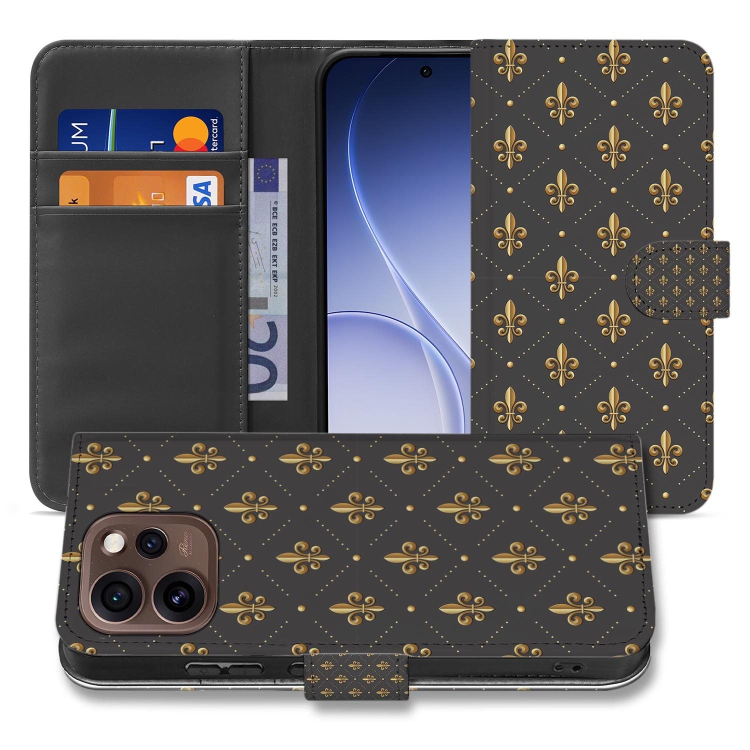 Book case hoesje OPPO Reno15 Pro Franse Lelie opengeklapt met pasjesvakken zichtbaar