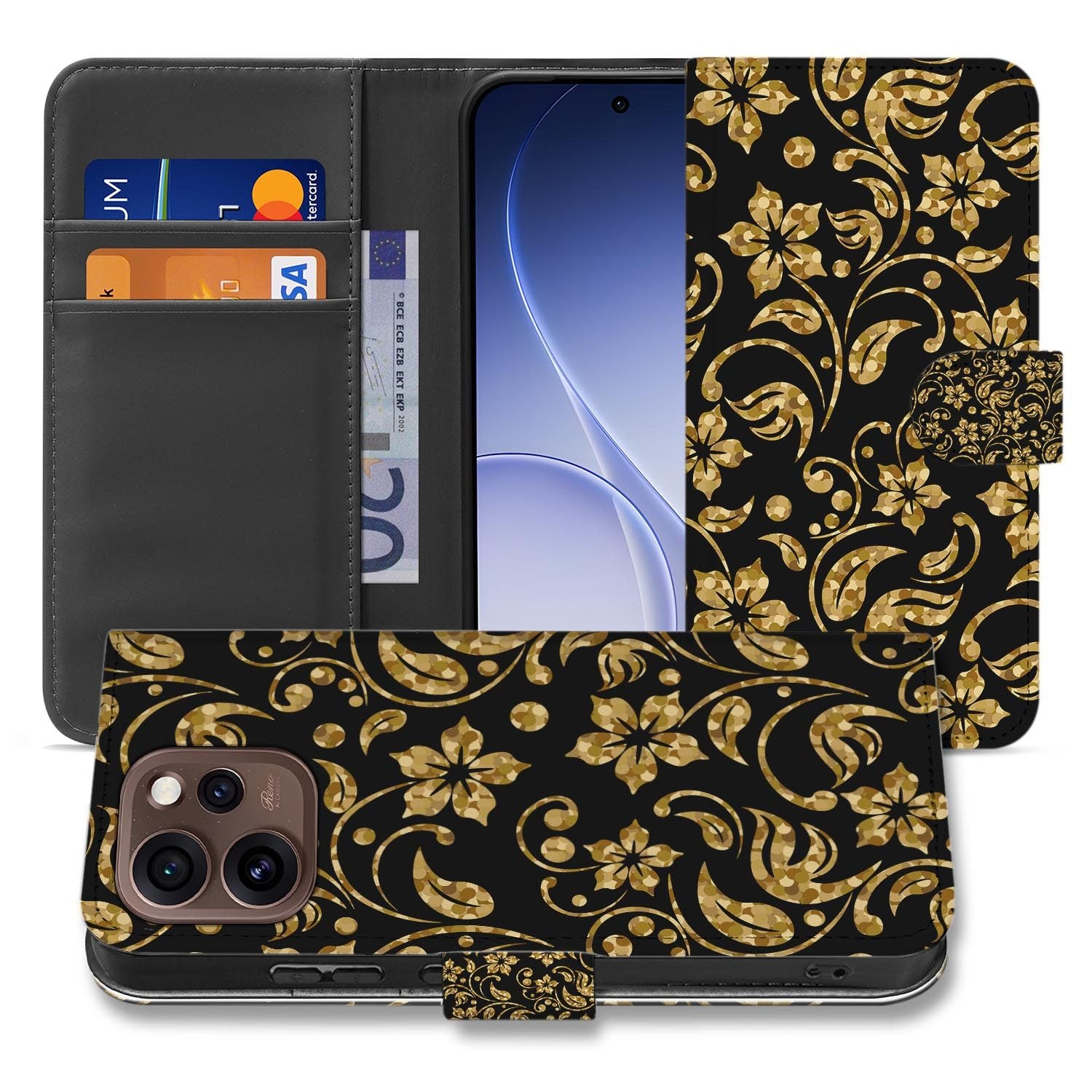 Bookcase hoesje OPPO Reno15 Pro Gouden Bloemen met gesloten klep, vooraanzicht