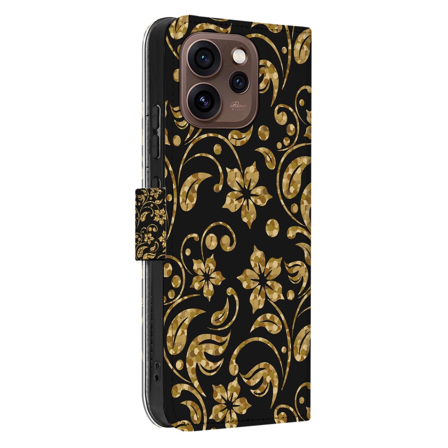Bookcase hoesje OPPO Reno15 Pro Gouden Bloemen schuin aanzicht van de klep