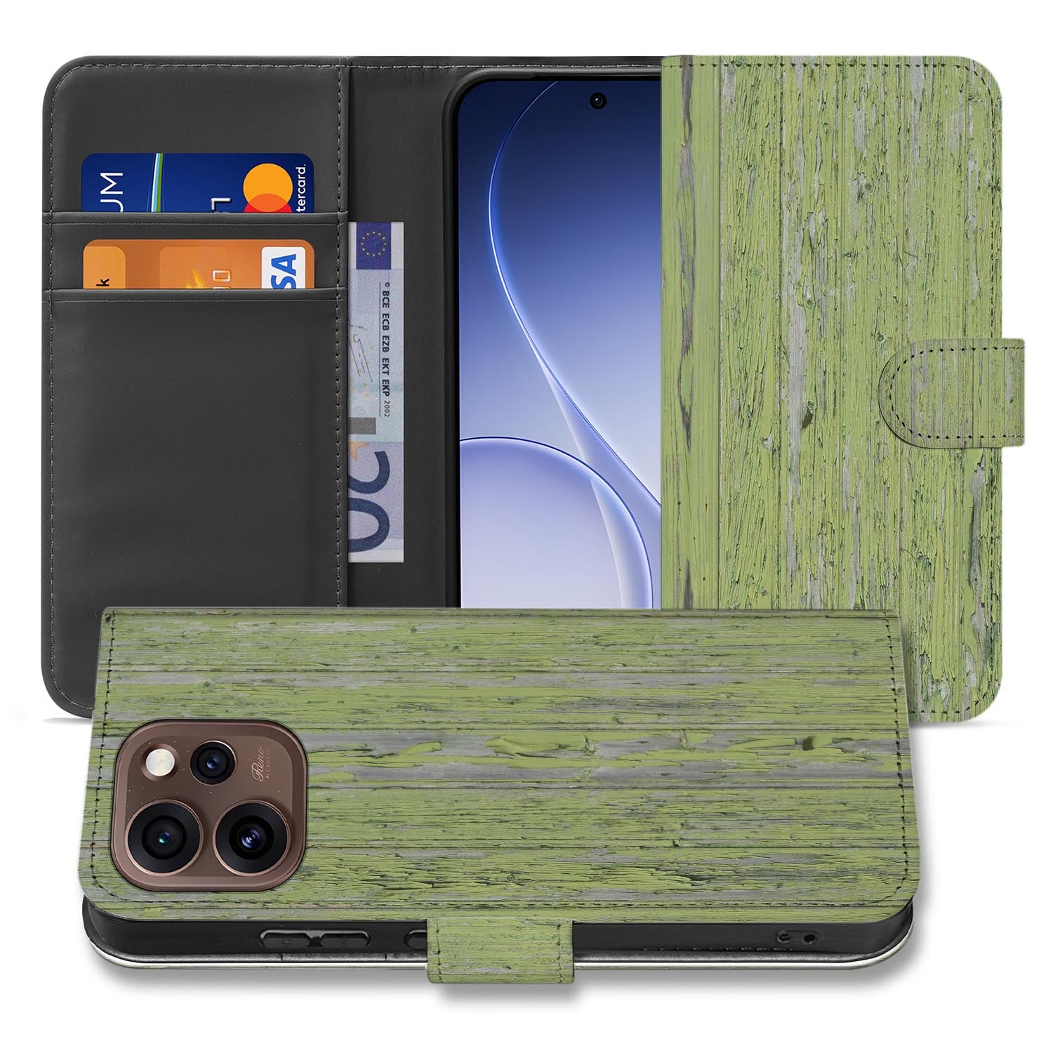 Bookcase hoesje OPPO Reno15 Pro Green Wood zijaanzicht met magneetsluiting