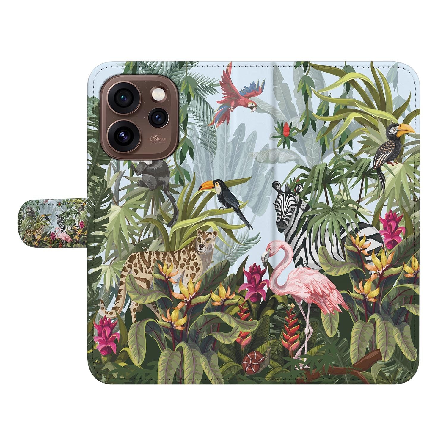 Book case hoesje OPPO Reno15 Pro Jungle schuin aanzicht van de klep