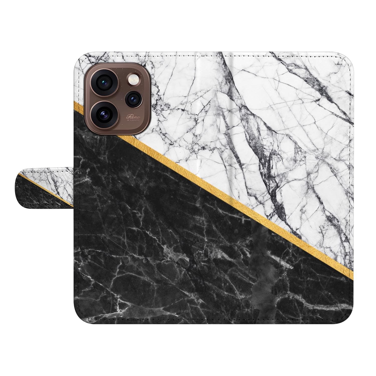 Portemonnee hoesje OPPO Reno15 Pro Marble White Black zijaanzicht met magneetsluiting
