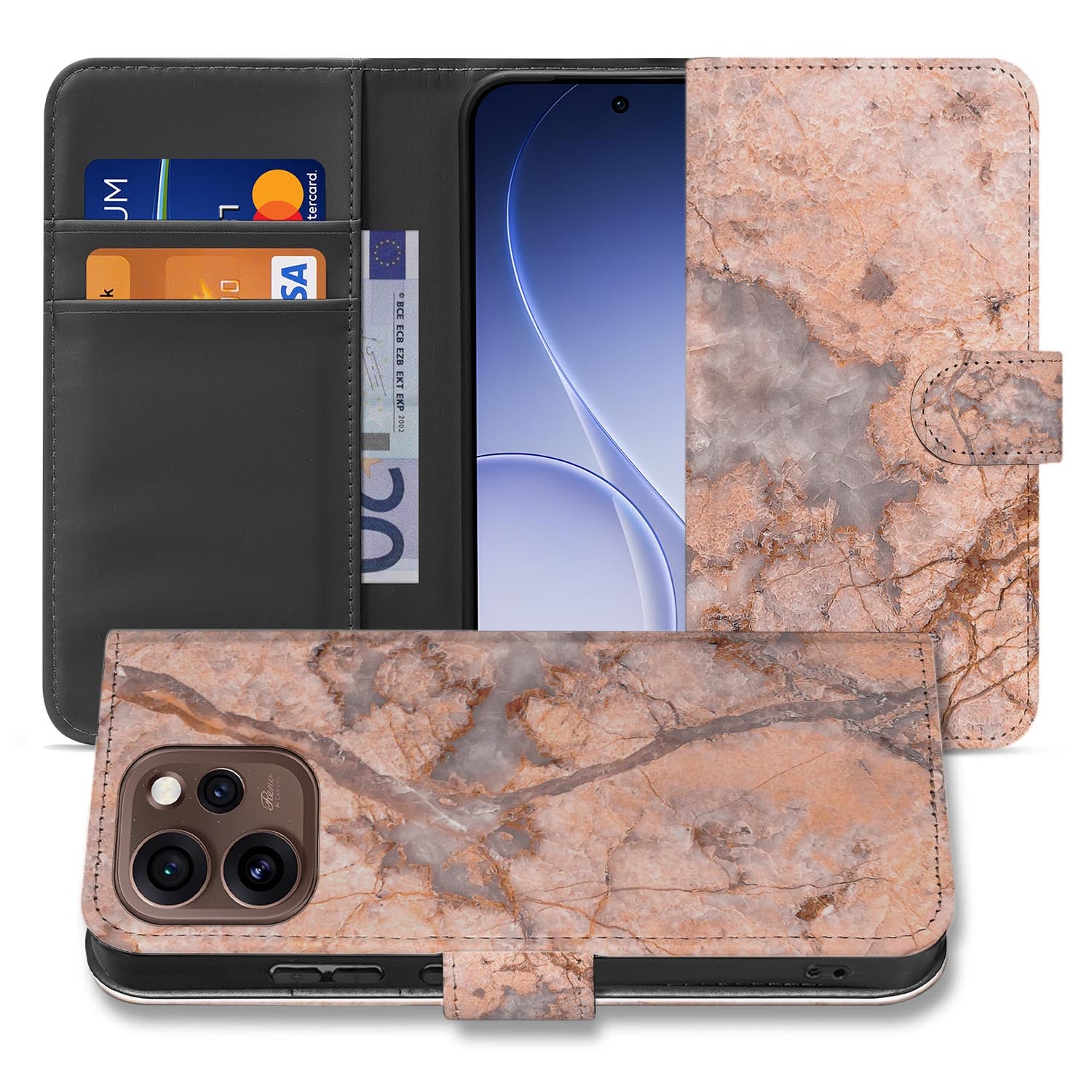 Wallet hoesje OPPO Reno15 Pro Marmer Oranje schuin aanzicht van de klep