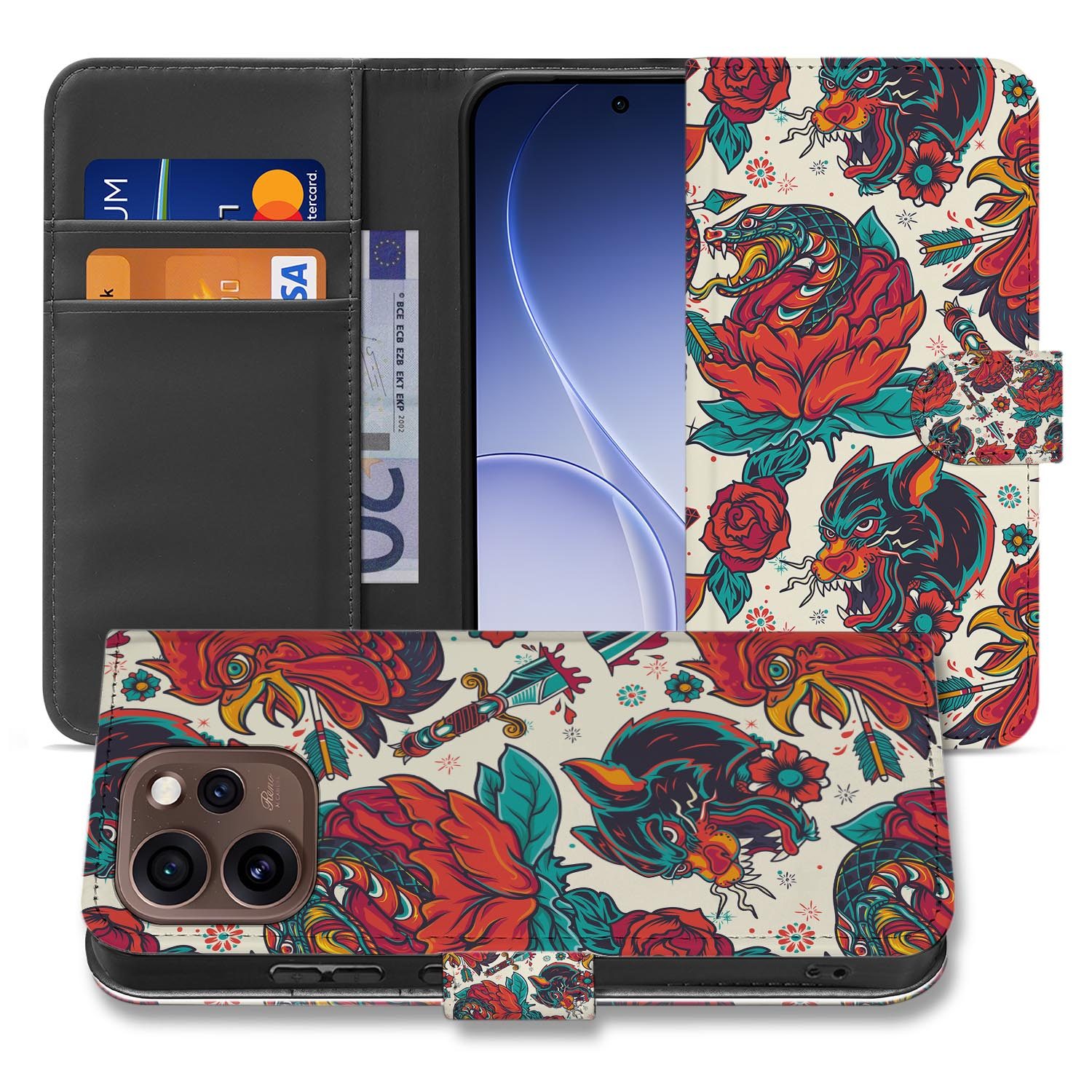 Bookcase hoesje OPPO Reno15 Pro Old Skool opengeklapt met pasjesvakken zichtbaar
