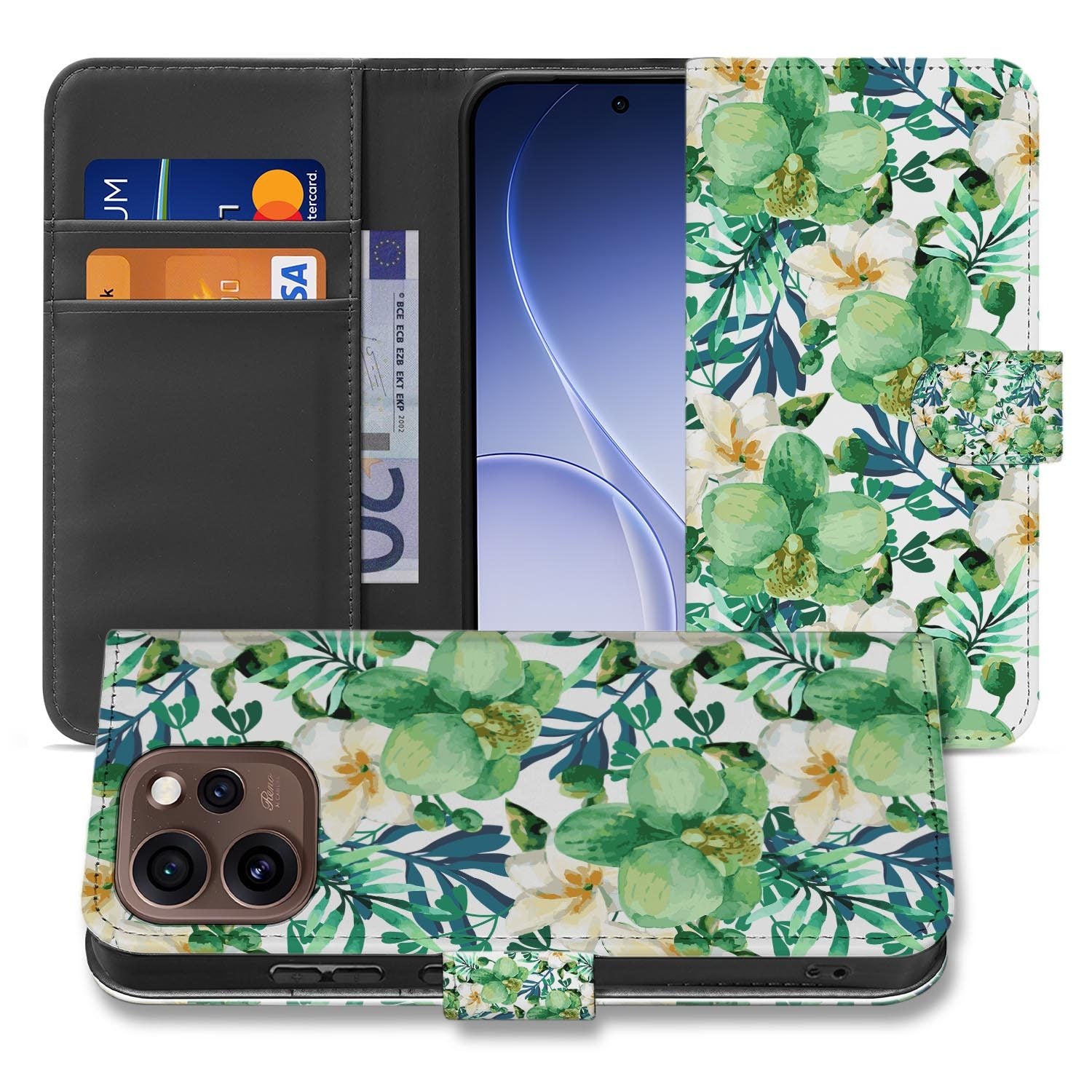 Bookcase hoesje OPPO Reno15 Pro Orchidee Groen met gesloten klep, vooraanzicht