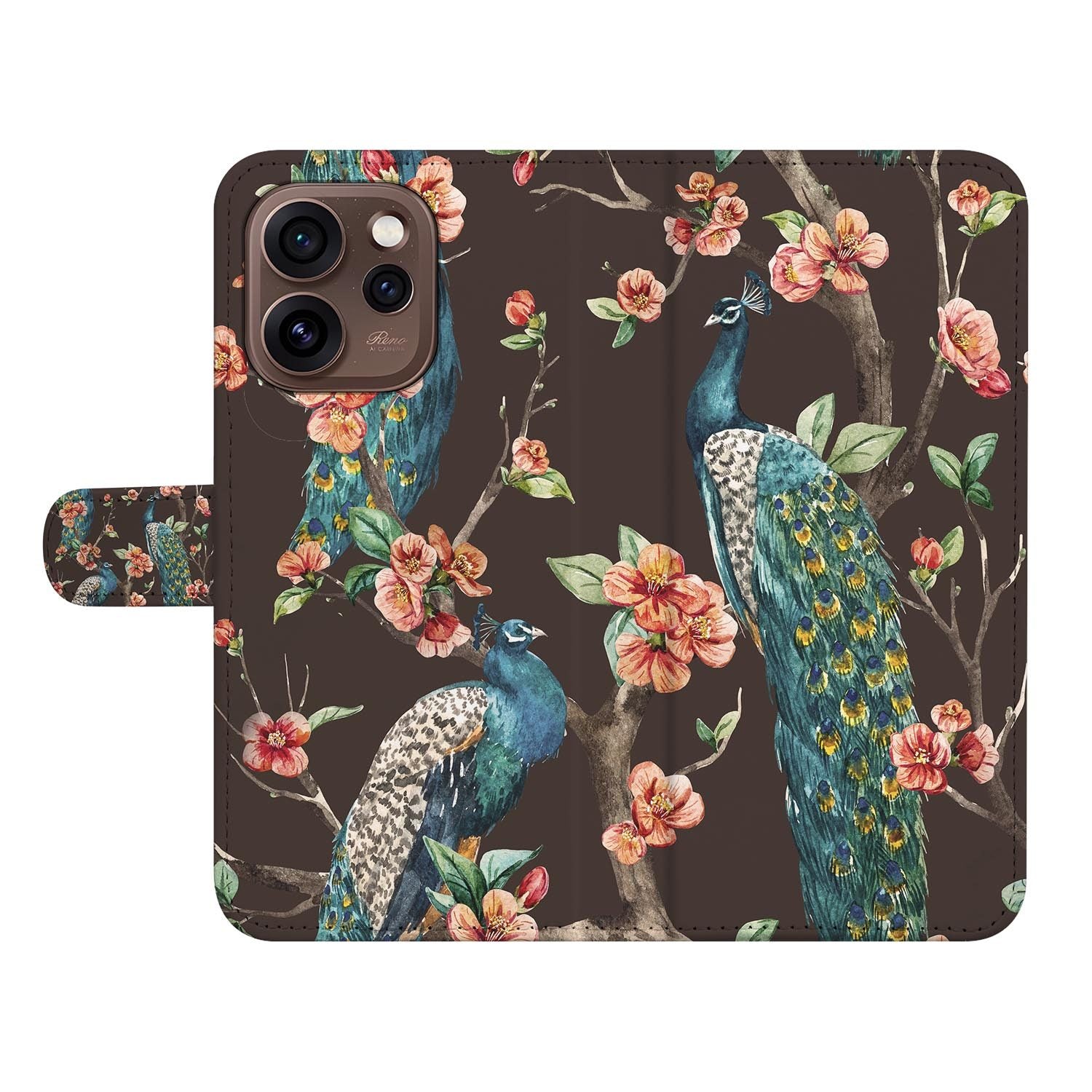 Portemonnee hoesje OPPO Reno15 Pro Pauw met Bloemen close-up van de kunstleren klep