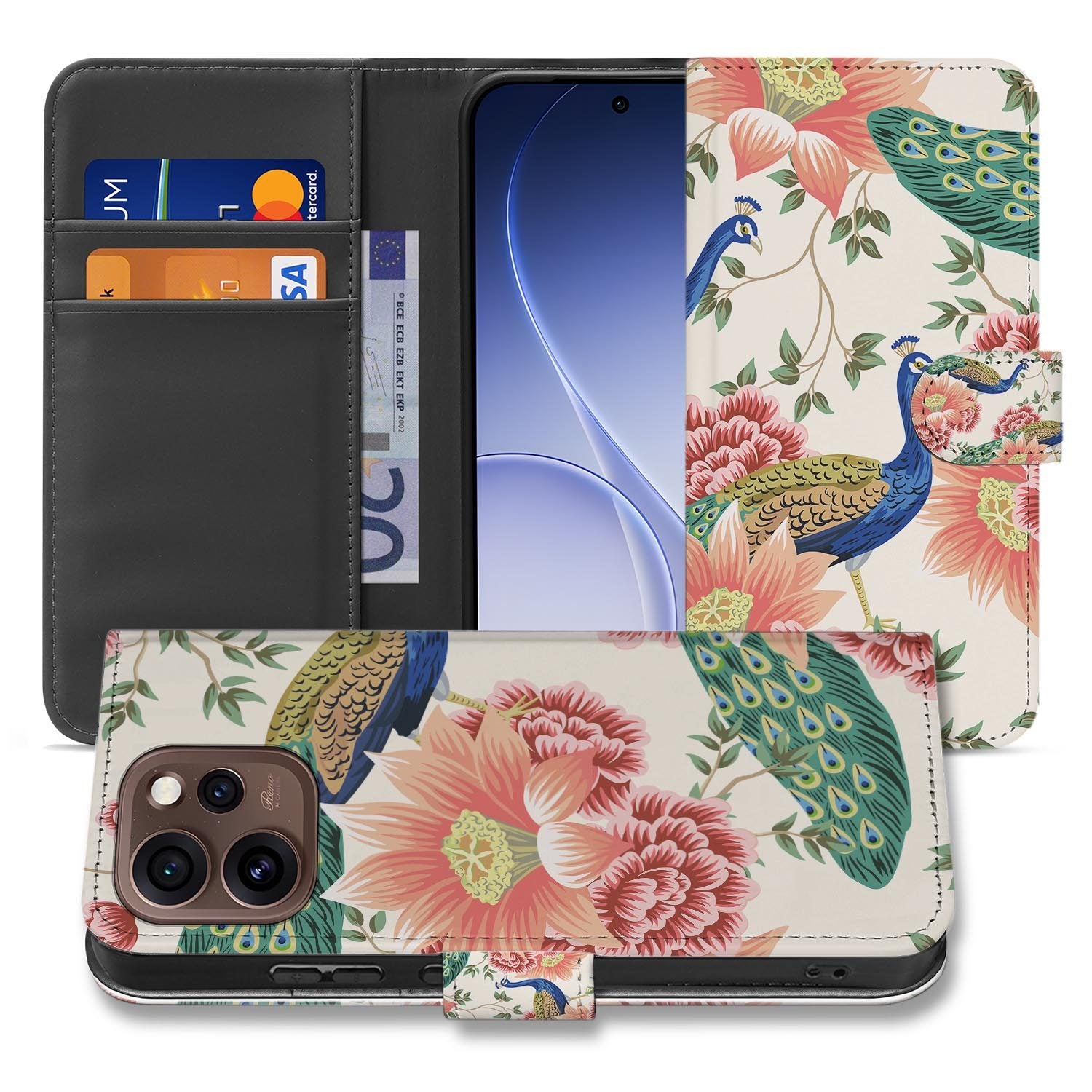 Wallet hoesje OPPO Reno15 Pro Pink Peacock achterzijde met camera-uitsparing