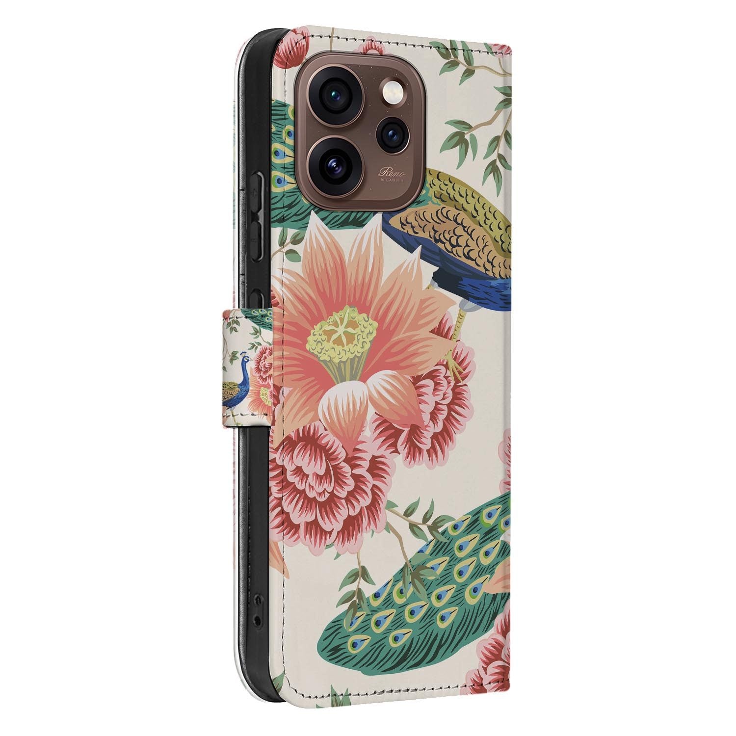 Wallet hoesje OPPO Reno15 Pro Pink Peacock opengeklapt met pasjesvakken zichtbaar
