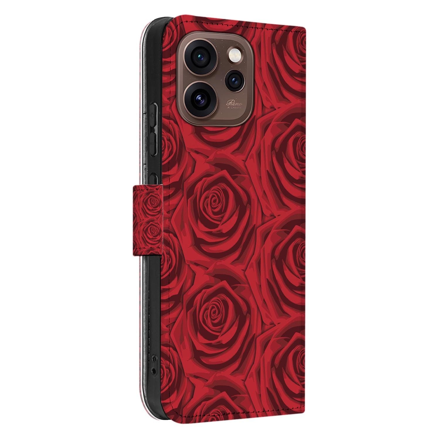 Bookcase hoesje OPPO Reno15 Pro Red Roses opengeklapt met pasjesvakken zichtbaar