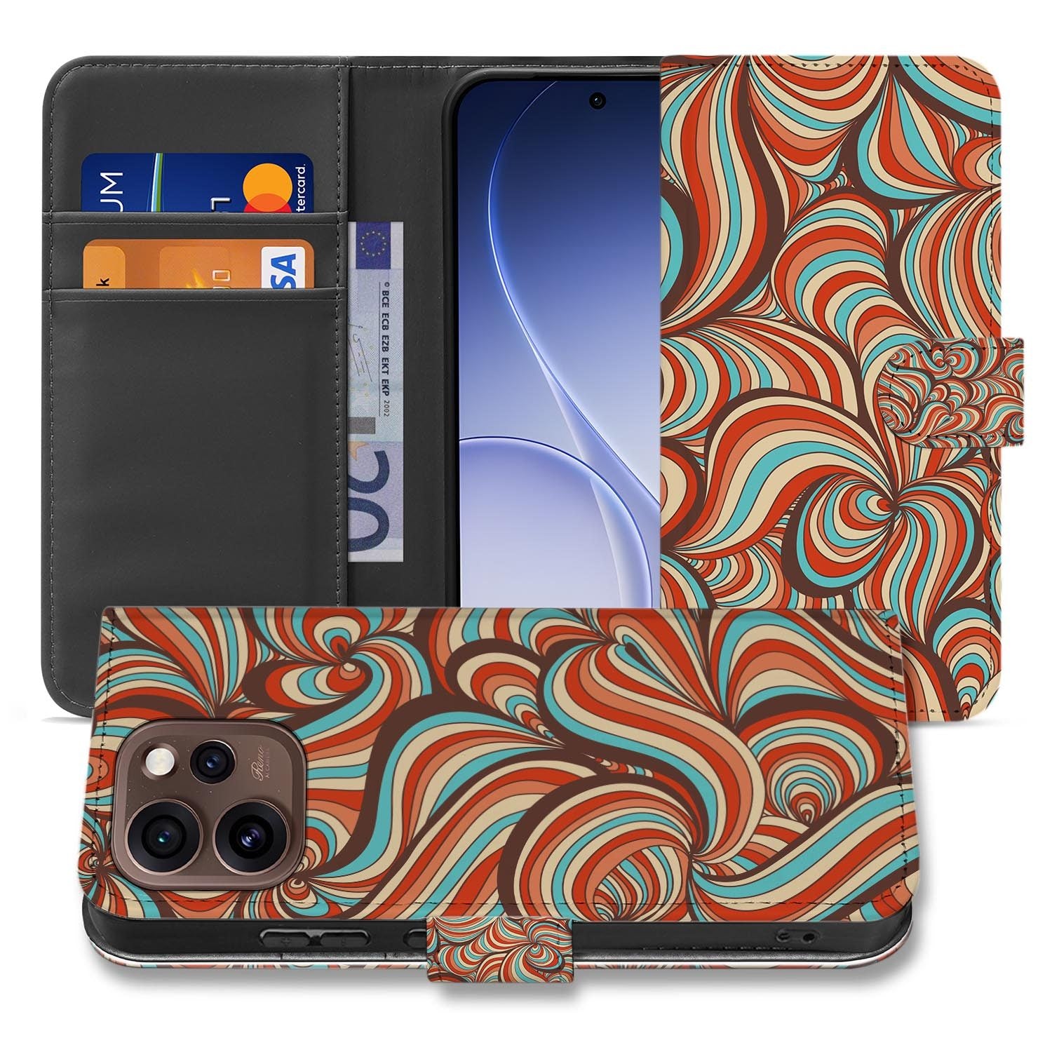 Book case hoesje OPPO Reno15 Pro Retro opengeklapt met pasjesvakken zichtbaar
