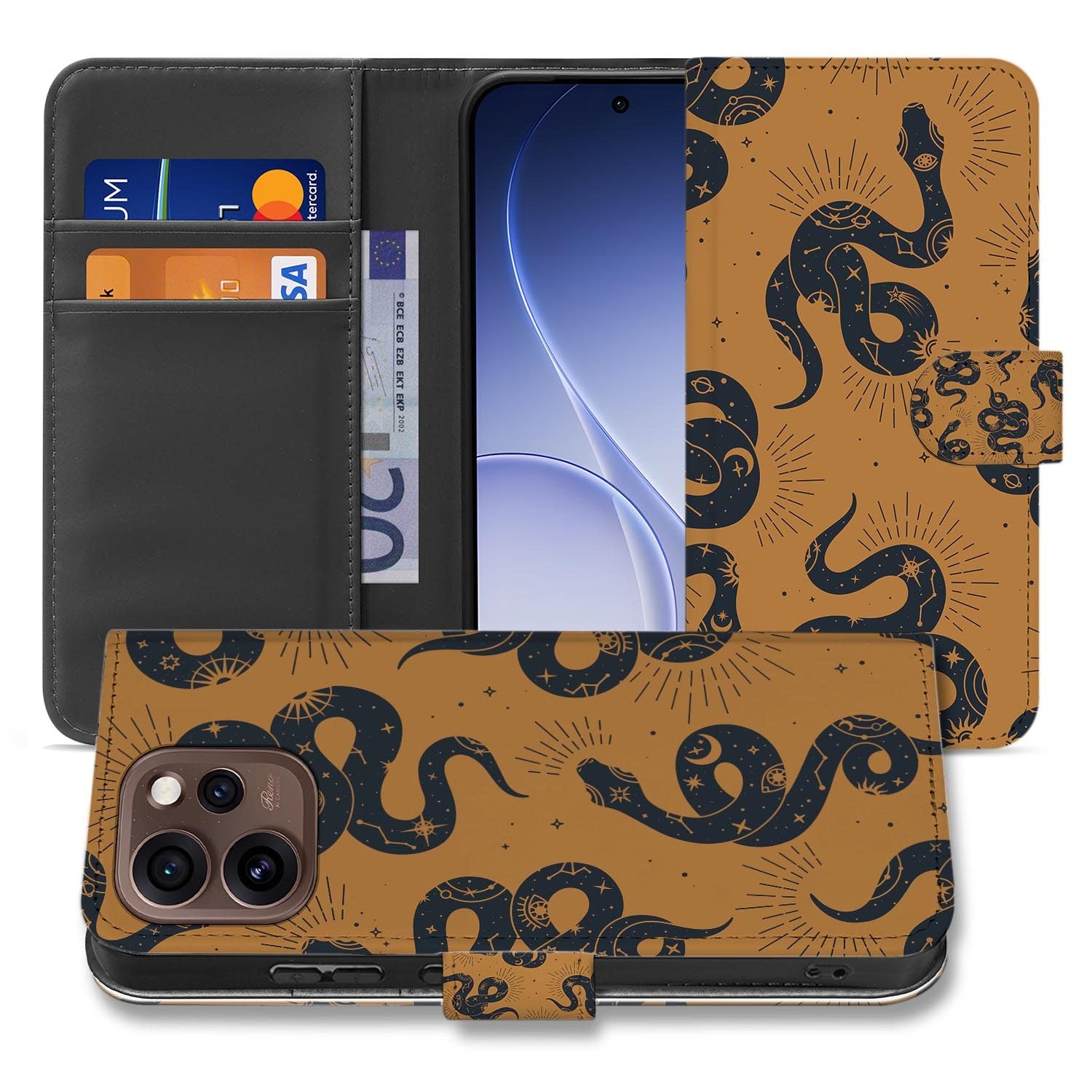 Wallet hoesje OPPO Reno15 Pro Snakes opengeklapt met pasjesvakken zichtbaar