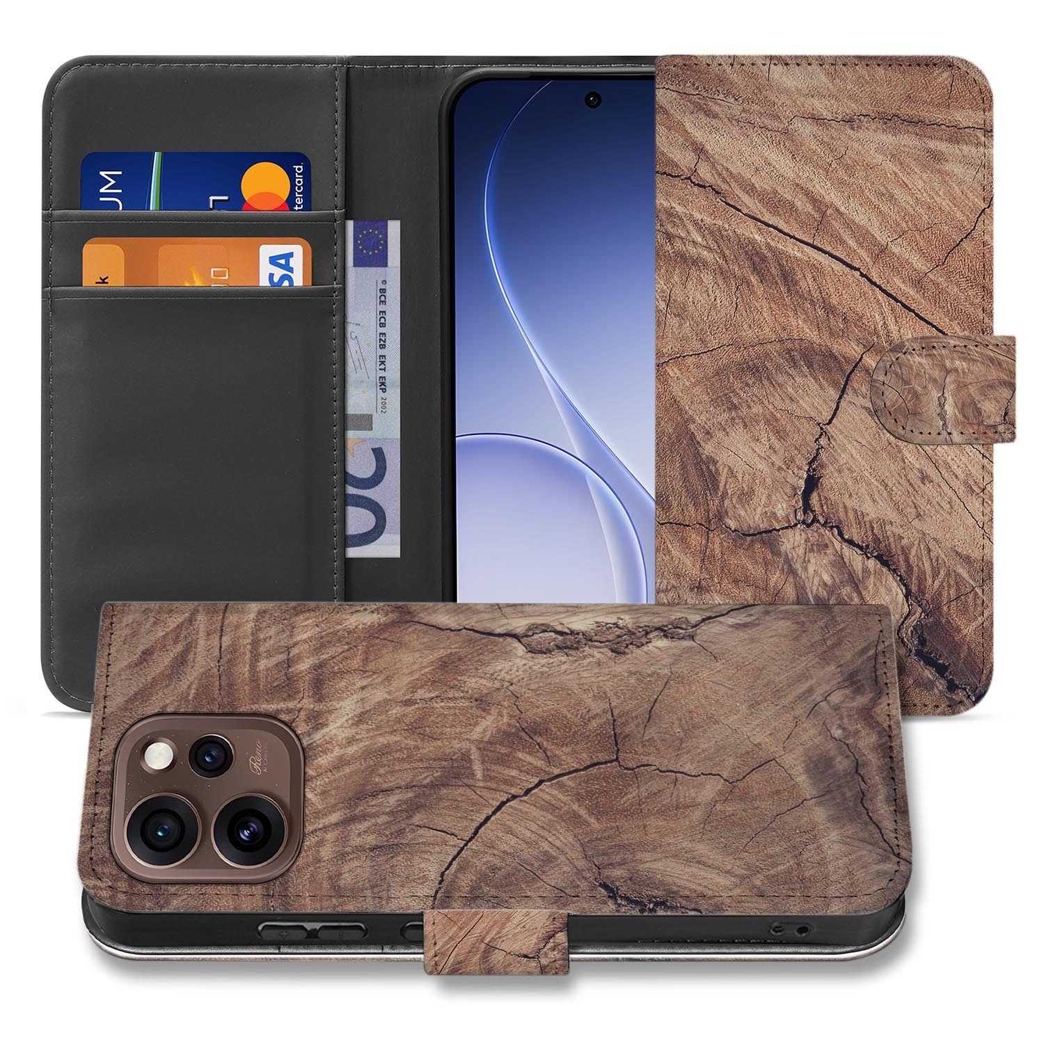 Bookcase hoesje OPPO Reno15 Pro Tree Trunk opengeklapt met pasjesvakken zichtbaar