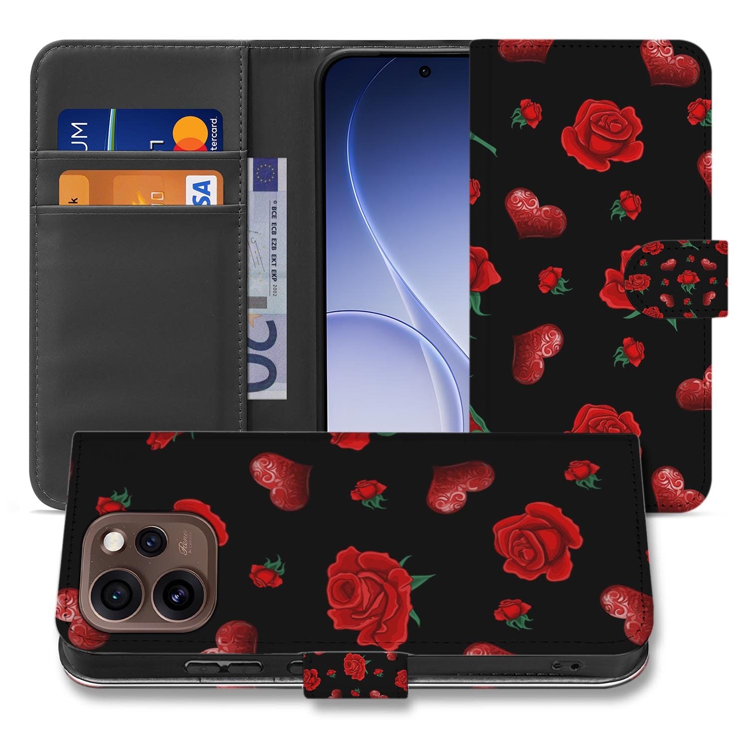 Portemonnee hoesje OPPO Reno15 Pro Valentine opengeklapt met pasjesvakken zichtbaar