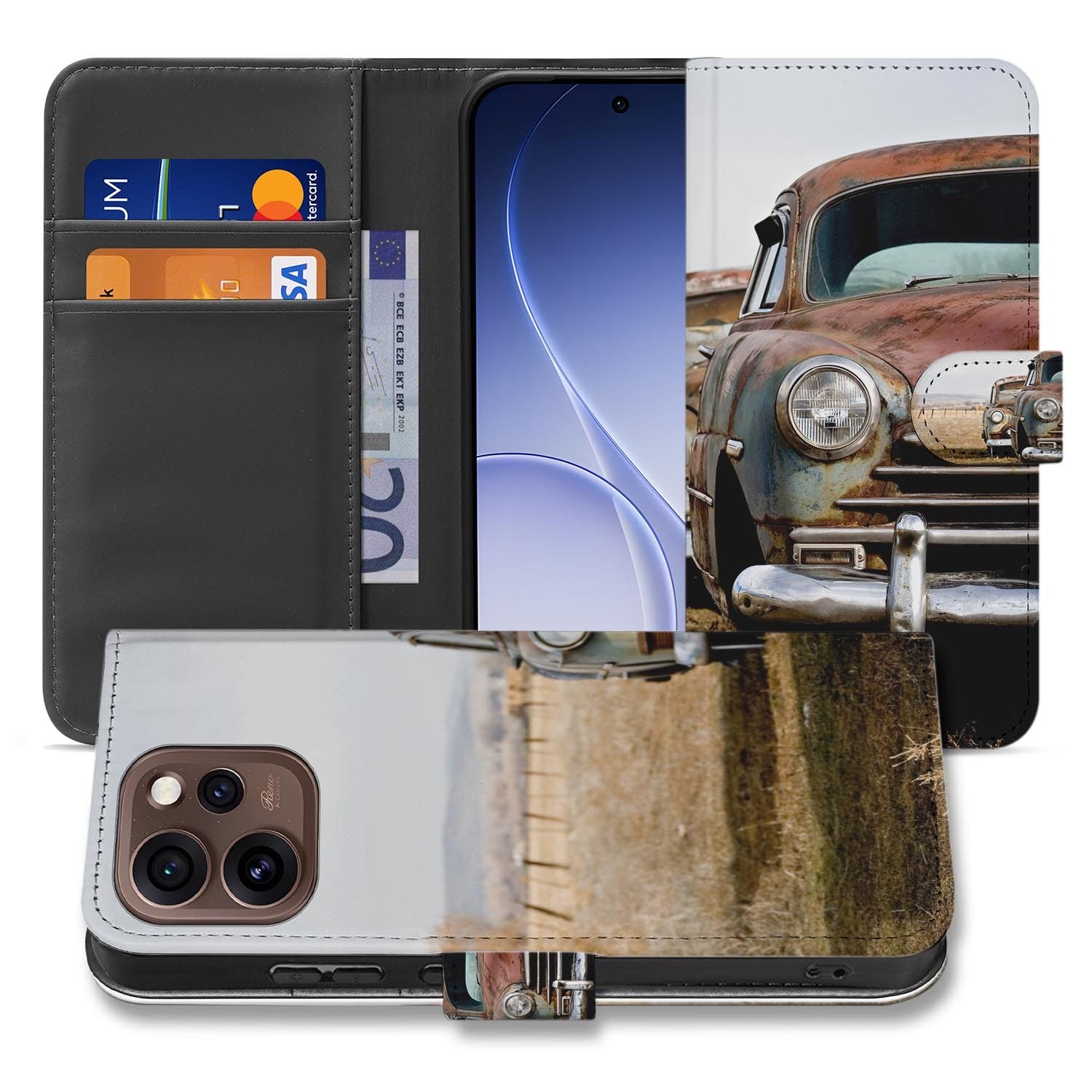 Portemonnee hoesje OPPO Reno15 Pro Vintage Auto schuin aanzicht van de klep