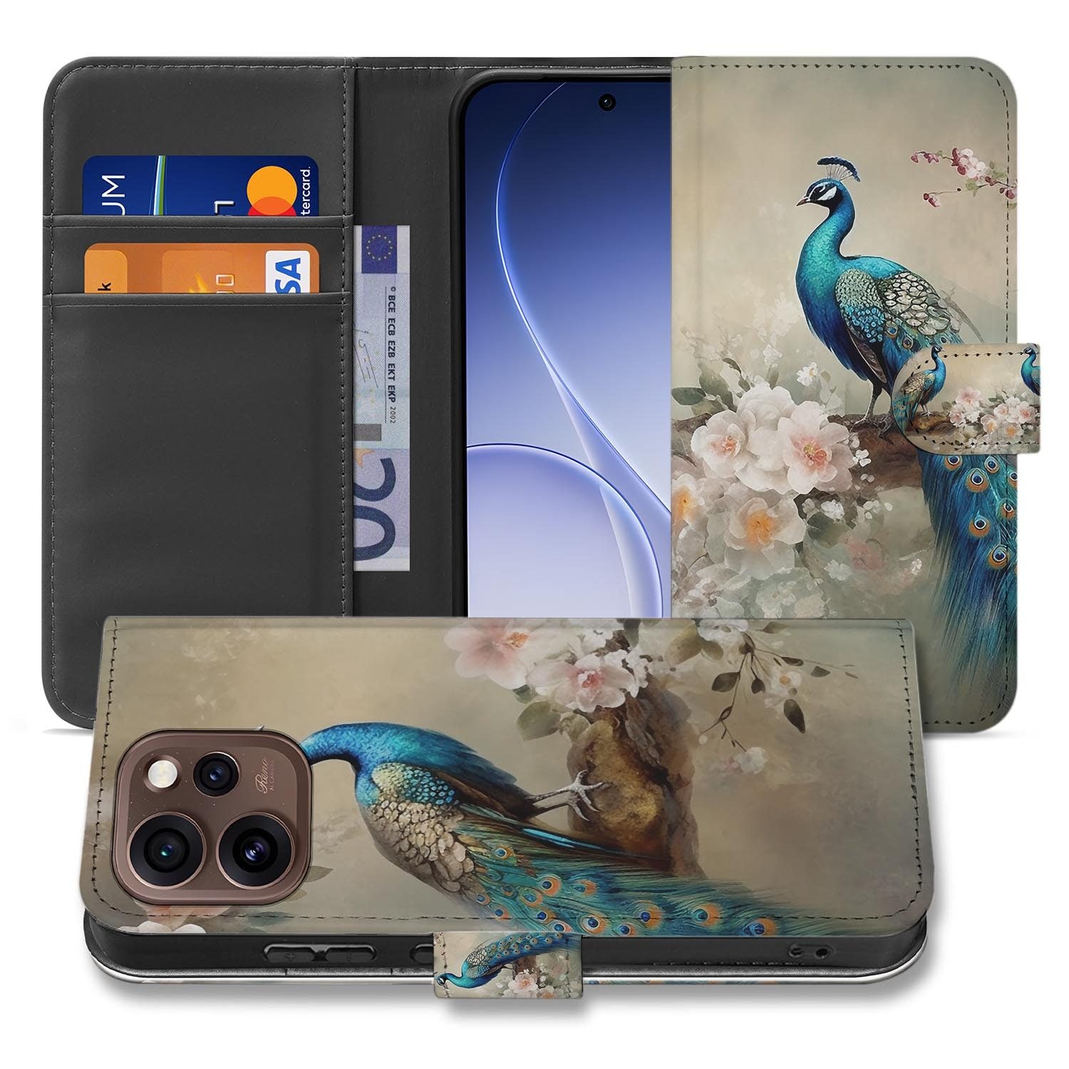 Wallet hoesje OPPO Reno15 Pro Vintage Pauwen met gesloten klep, vooraanzicht