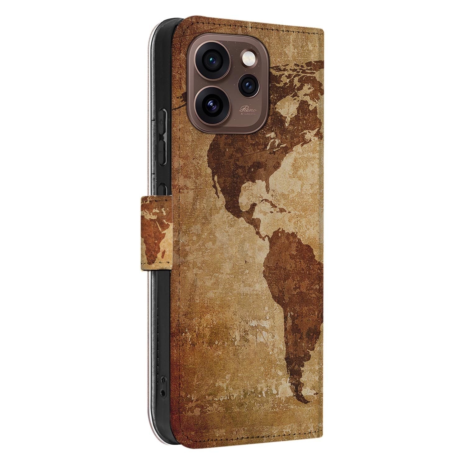 Wallet Hoesje OPPO Reno15 Pro Wereldkaart met vintage design in geel en bruin, beschermd scherm en achterkant.