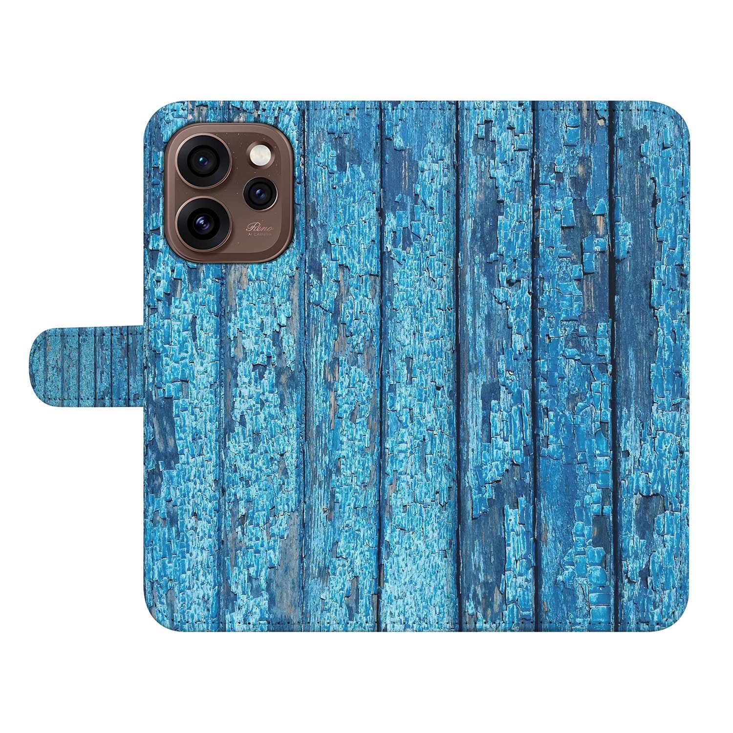 OPPO Reno15 Pro Bookcase Hoesje Wood Blue met vergrijsd blauwe planken afwerking voor een vintage uitstraling.