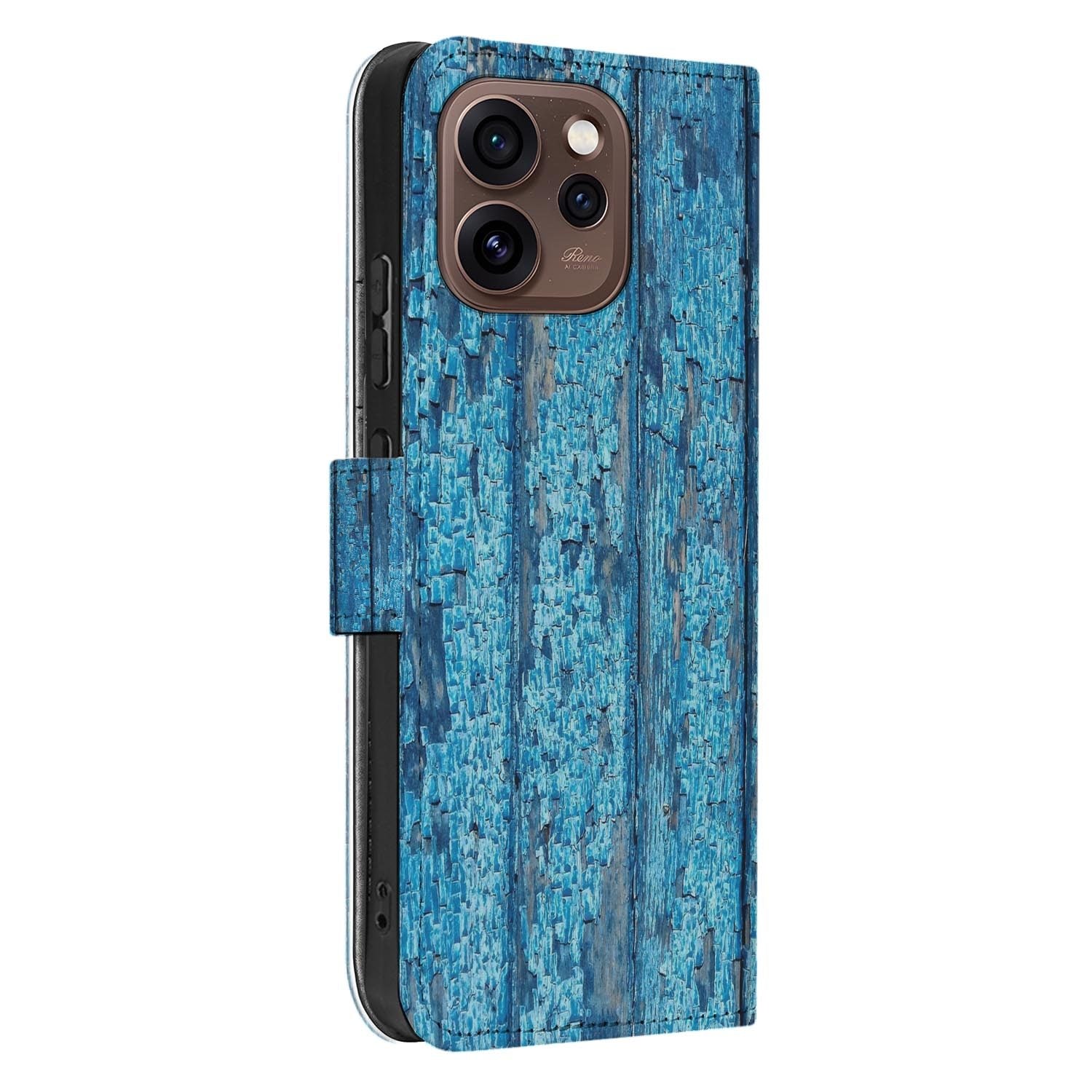 OPPO Reno15 Pro Bookcase Hoesje Wood Blue met een blauw houten ontwerp dat doet denken aan verweerd hout.
