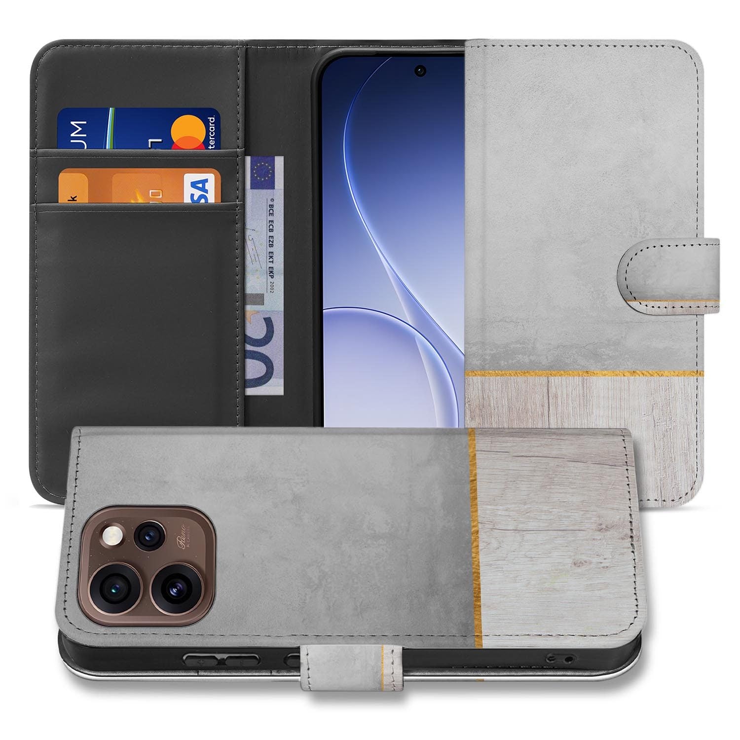 Bookcase hoesje OPPO Reno15 Pro Wood Concrete opengeklapt met pasjesvakken zichtbaar