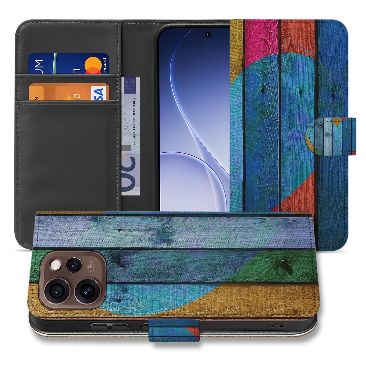 Book case hoesje OPPO Reno15 Pro Wood Heart opengeklapt met pasjesvakken zichtbaar
