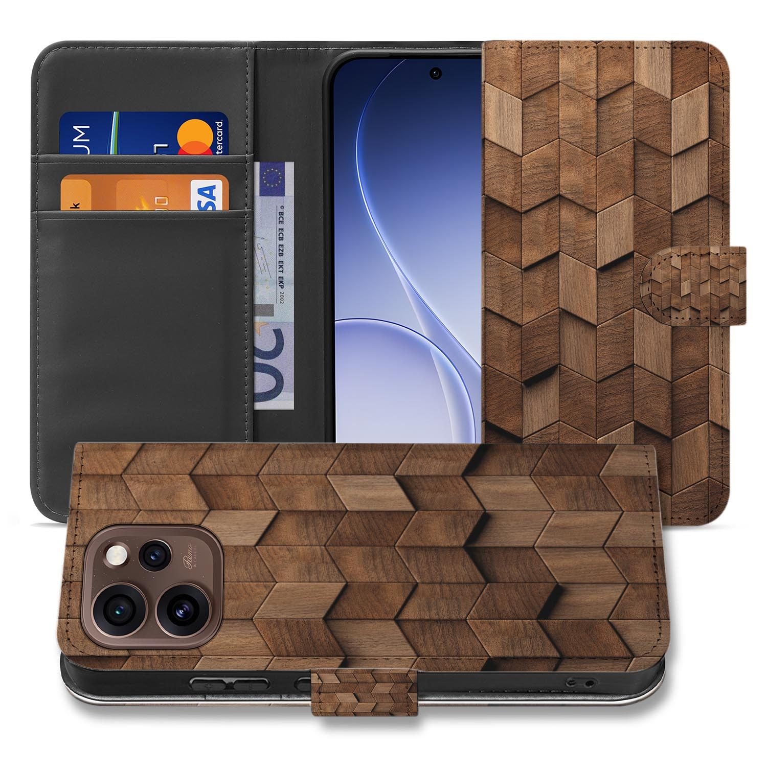 Book case hoesje OPPO Reno15 Pro Wooden Cubes schuin aanzicht van de klep
