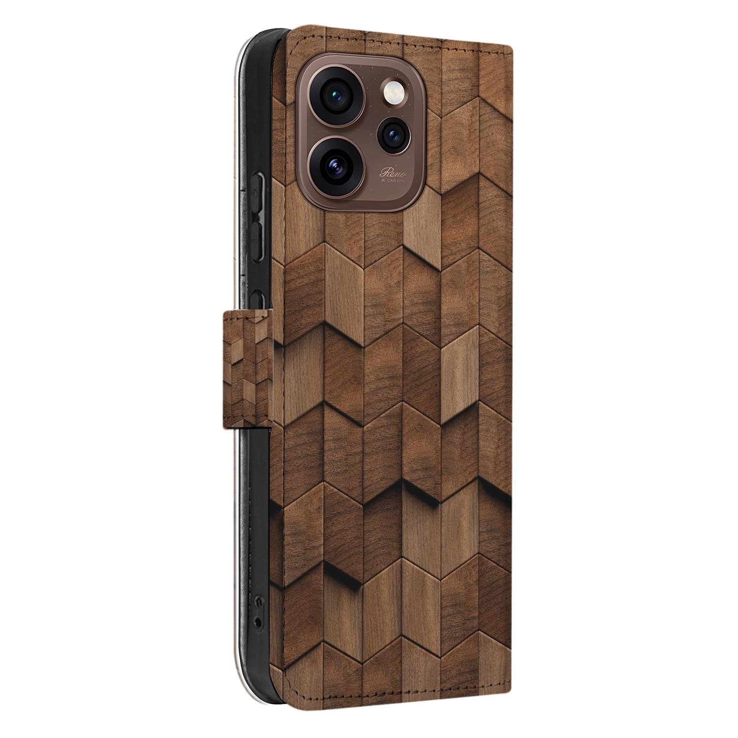 Book Case Hoesje OPPO Reno15 Pro Wooden Cubes met houten blokjes design in bruintinten