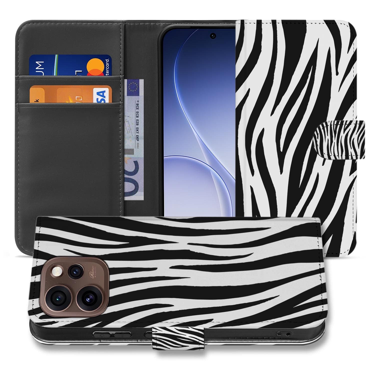 Wallet hoesje OPPO Reno15 Pro Zebra opengeklapt met pasjesvakken zichtbaar