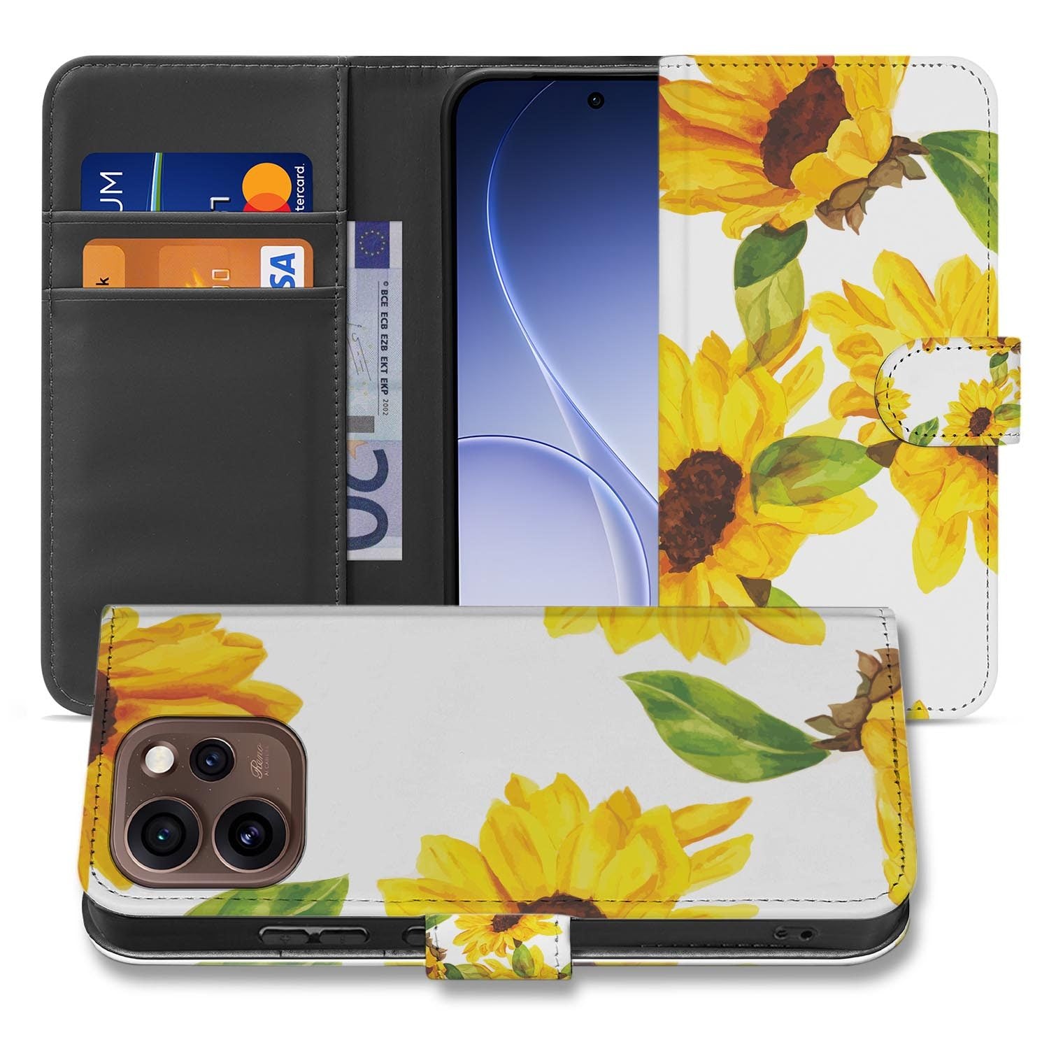 Portemonnee hoesje OPPO Reno15 Pro Zonnebloemen achterzijde met camera-uitsparing