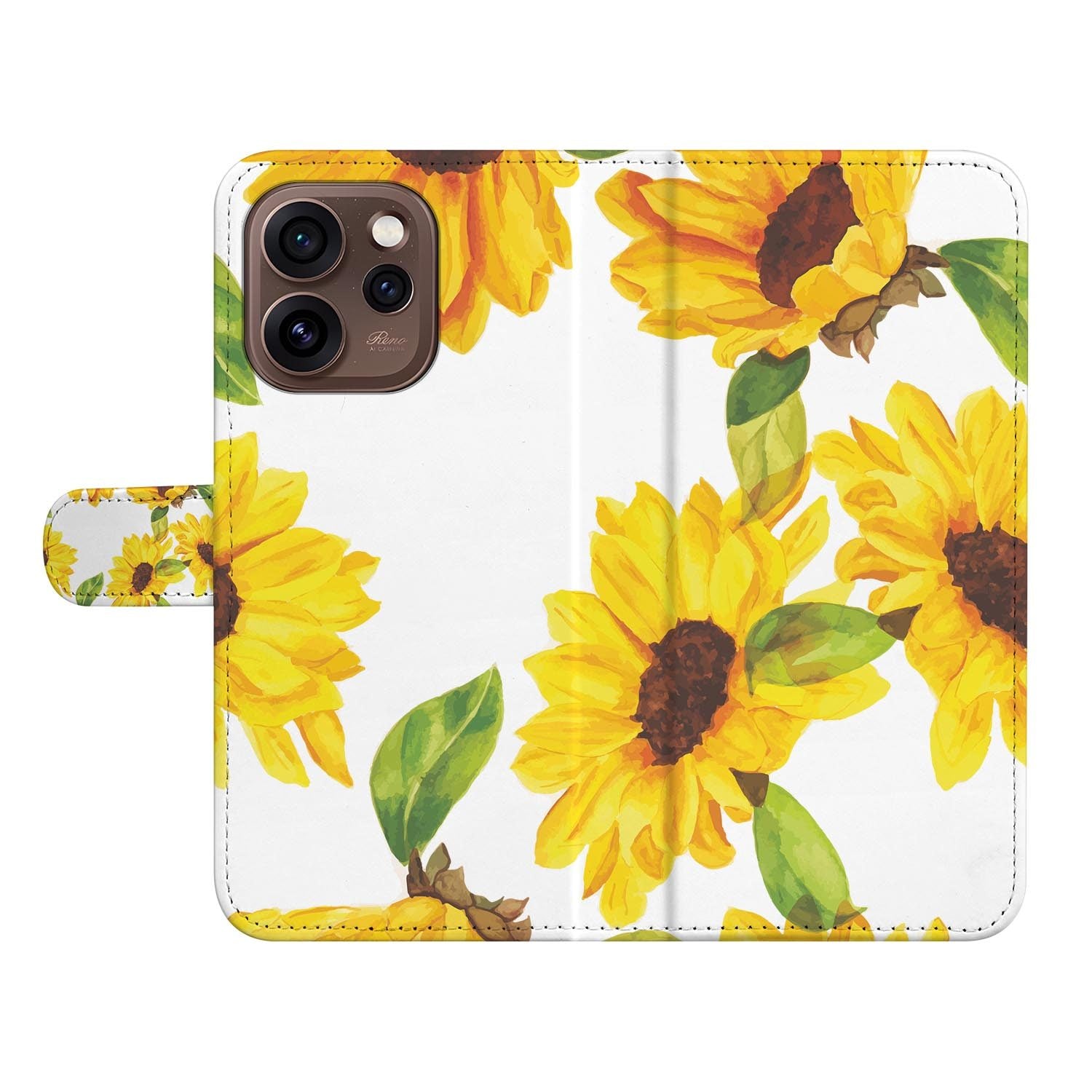 Portemonnee hoesje OPPO Reno15 Pro Zonnebloemen zijaanzicht met magneetsluiting