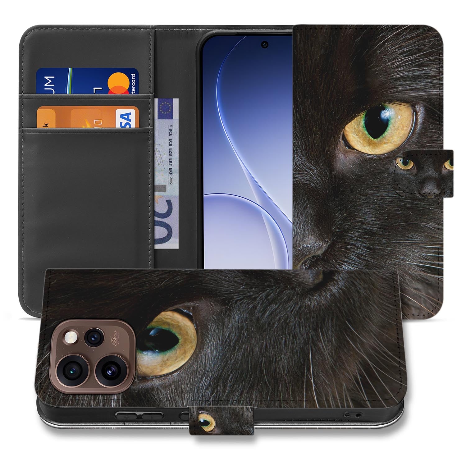 Portemonnee Hoesje OPPO Reno15 Pro Zwarte Kat met elegante zwarte kattenafbeelding en ruimte voor pasjes.