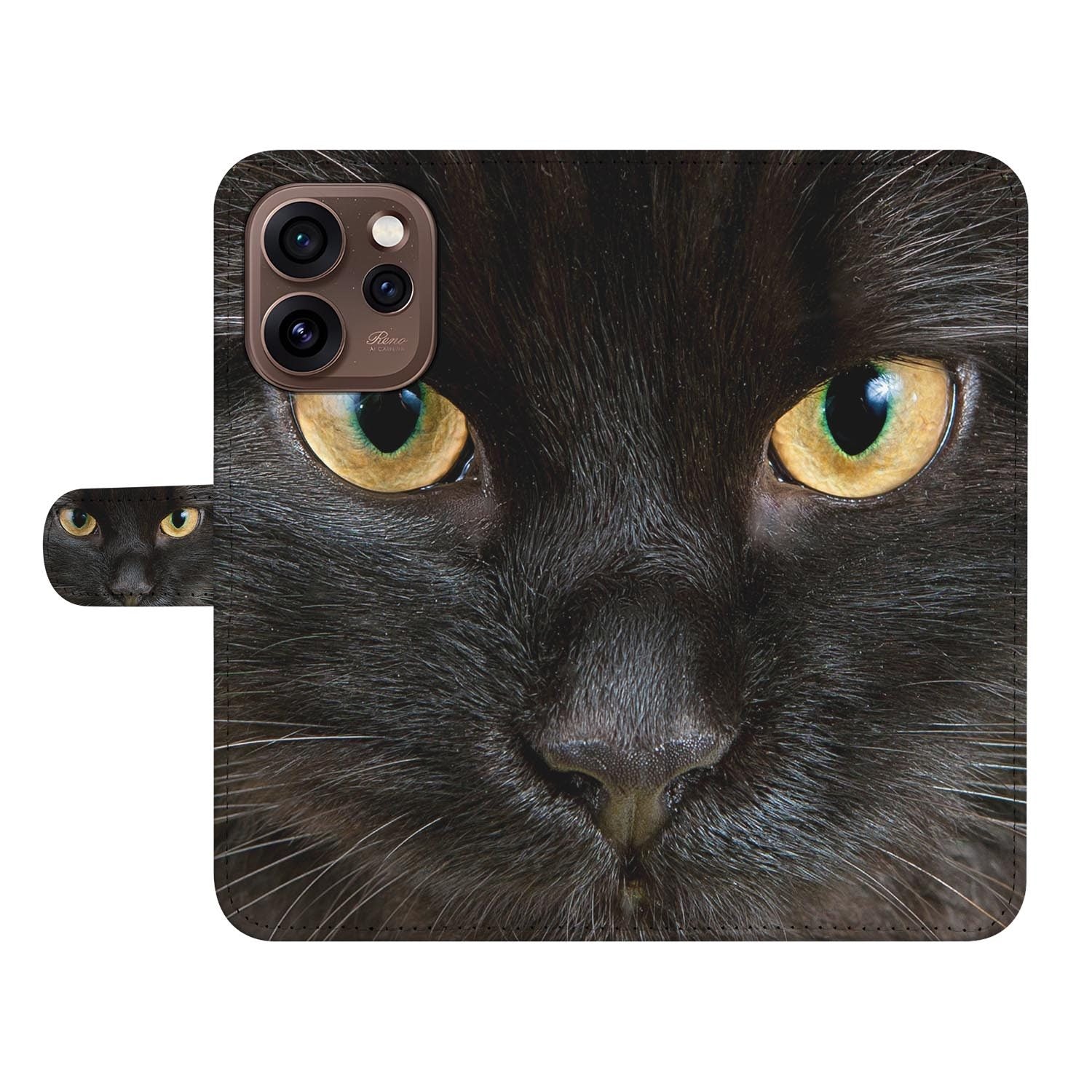 Portemonnee Hoesje OPPO Reno15 Pro Zwarte Kat met doordringende ogen en elegante uitstraling.