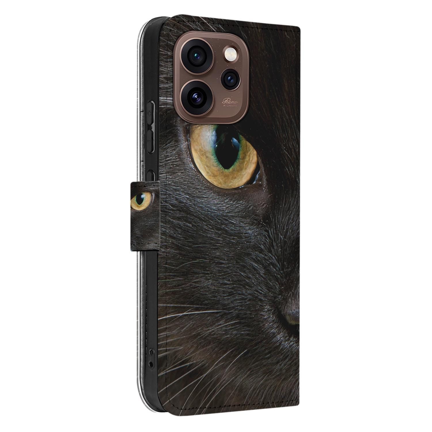 Portemonnee Hoesje OPPO Reno15 Pro Zwarte Kat met doordringende ogen en elegante uitstraling.