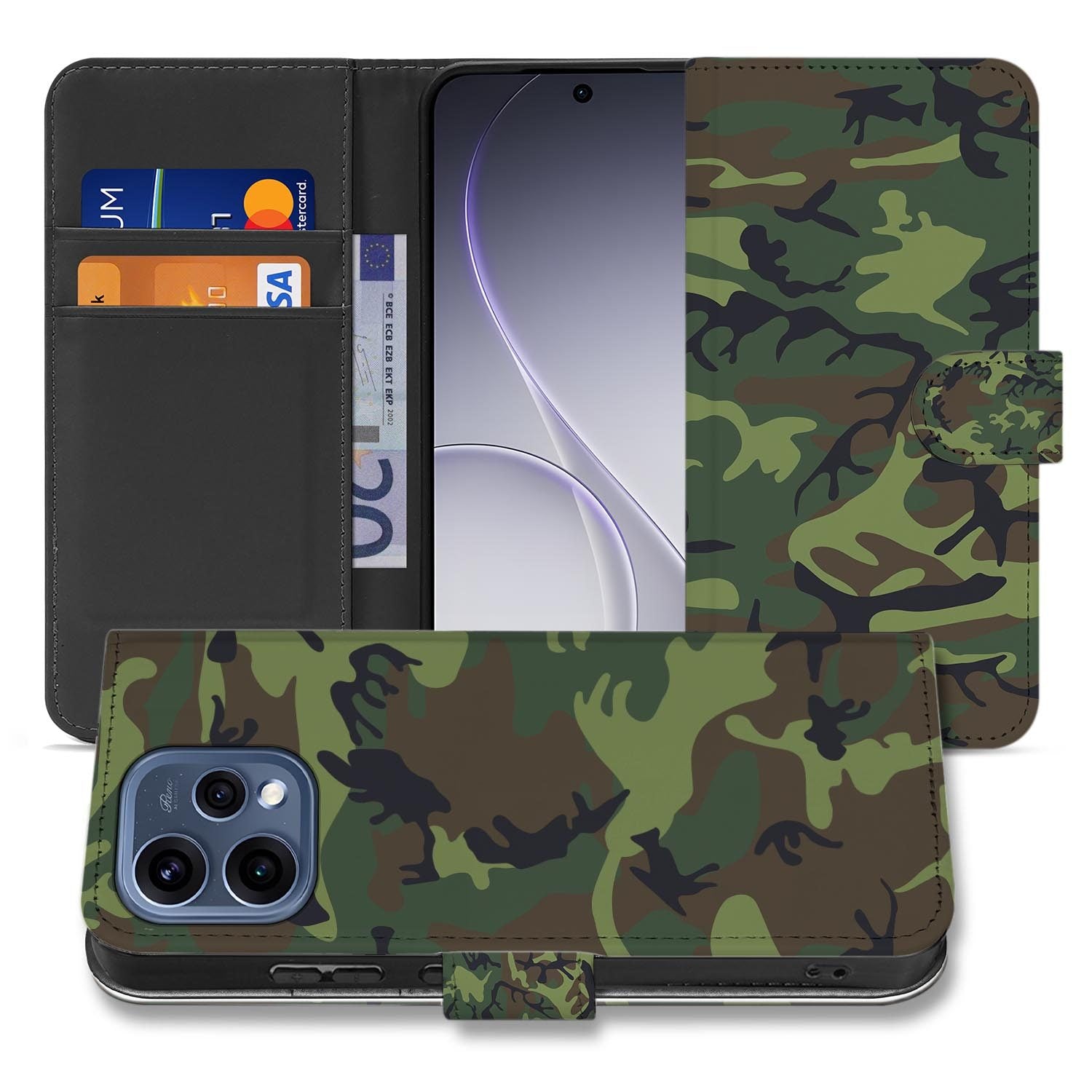 OPPO Reno15 book case hoesje Camouflage Donker – opengeslagen met de pasjesvakken
