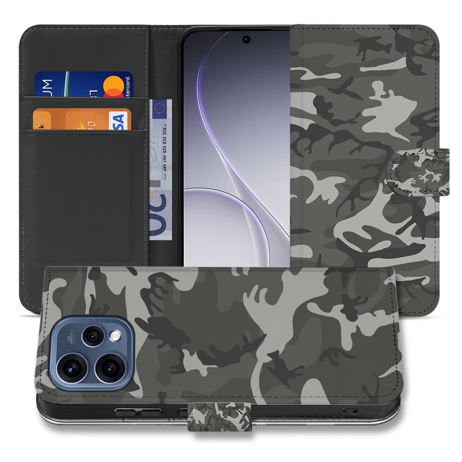 OPPO Reno15 boekhoesje Camouflage Licht – opengeslagen met de pasjesvakken