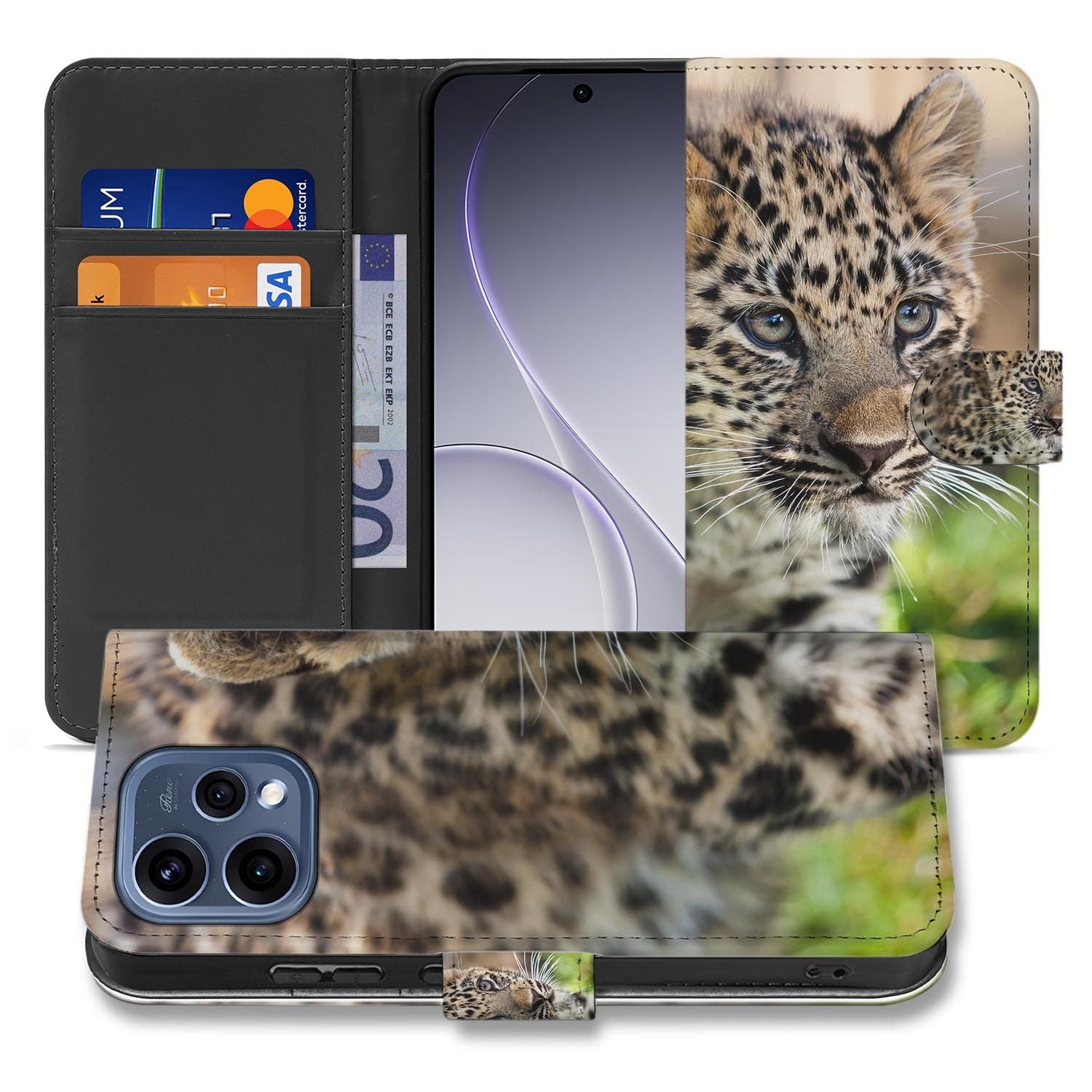 OPPO Reno15 hoesje met pasjeshouder Baby Luipaard – close-up van het kunstleer