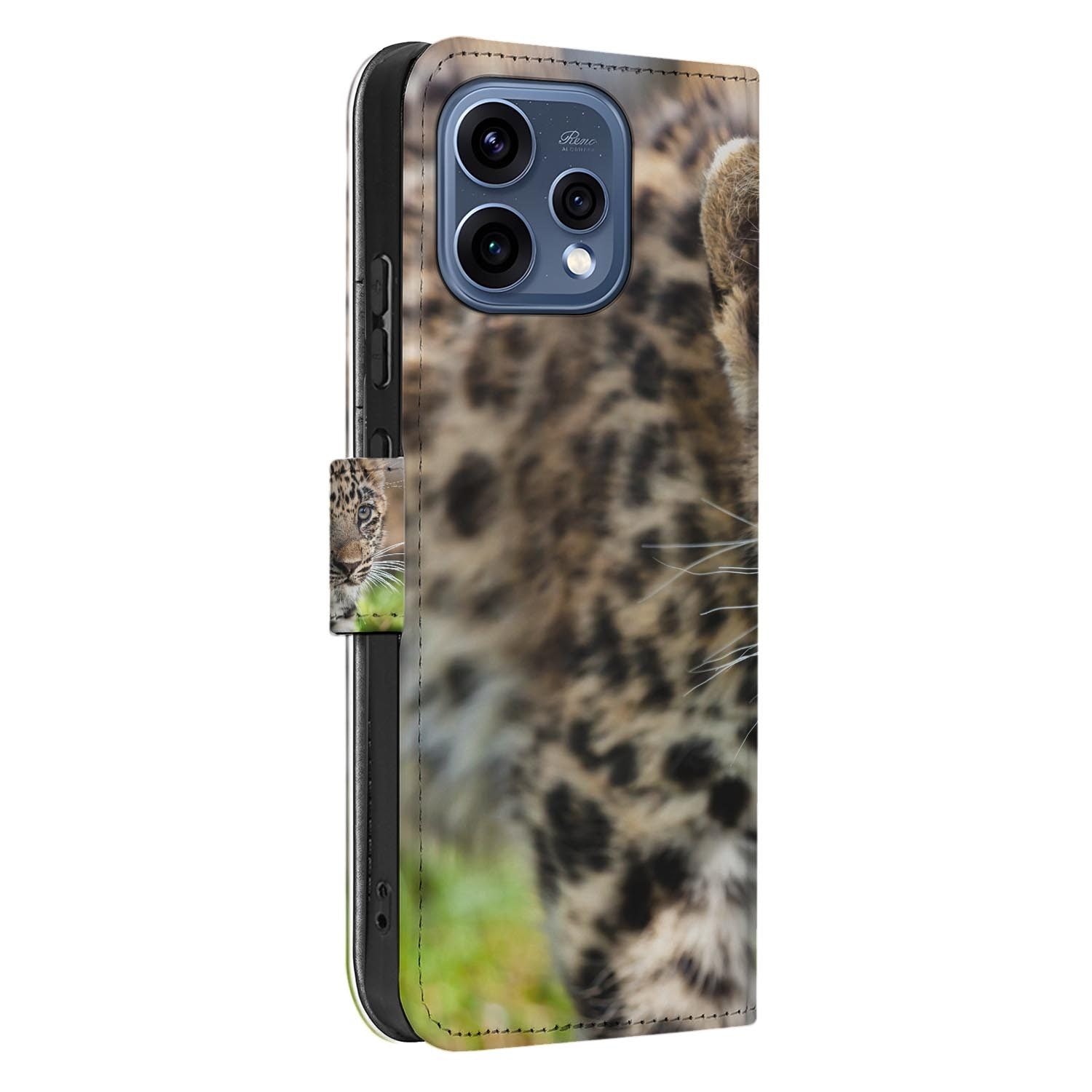 OPPO Reno15 hoesje met pasjeshouder Baby Luipaard – opengeslagen met de pasjesvakken