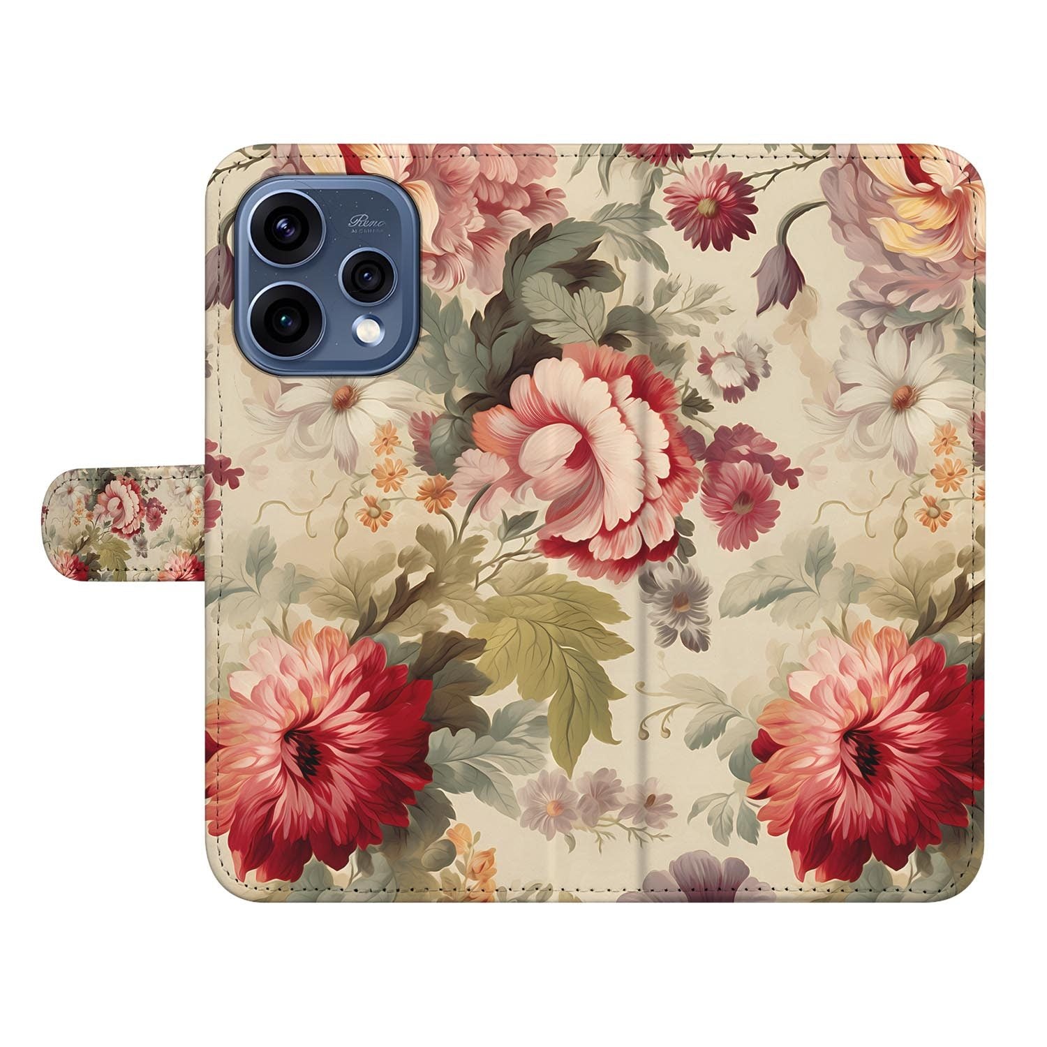 OPPO Reno15 bookcase hoesje Bloemenprint – close-up van het kunstleer