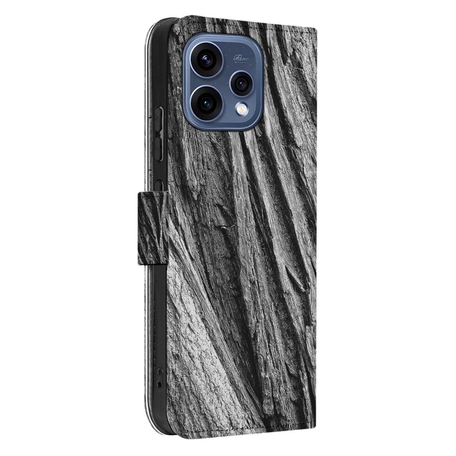 OPPO Reno15 hoesje met pasjeshouder Boomschors – bovenaanzicht van de klep