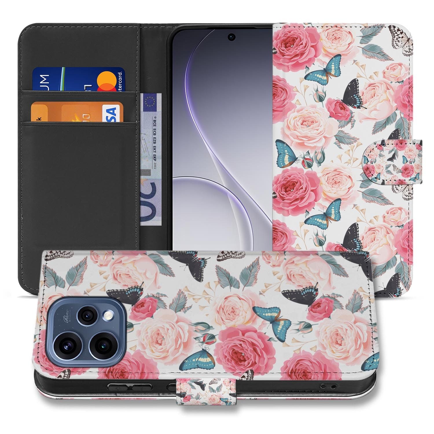 OPPO Reno15 wallet hoesje Butterfly Roses – print over de volledige klep