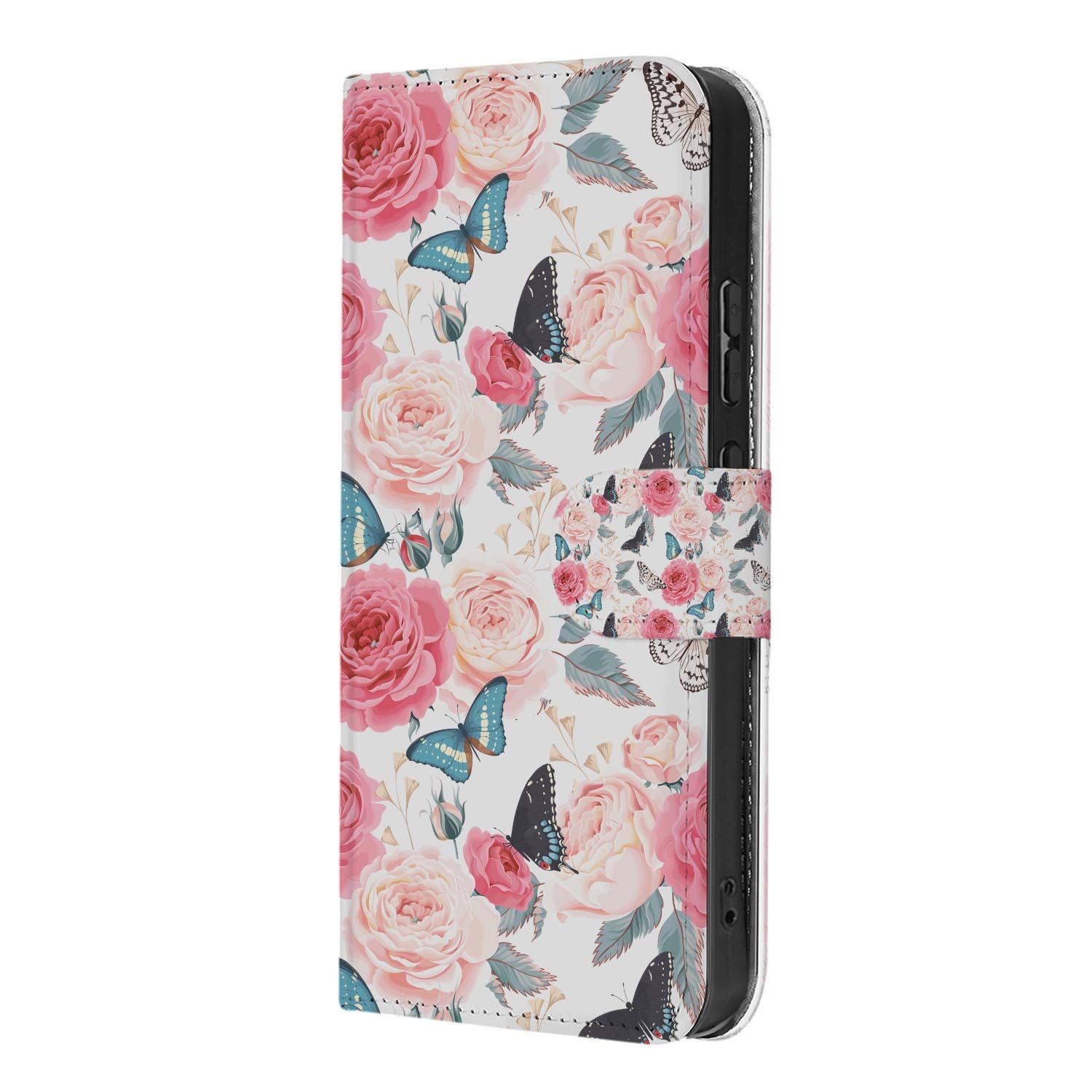 OPPO Reno15 wallet hoesje Butterfly Roses – close-up van het kunstleer